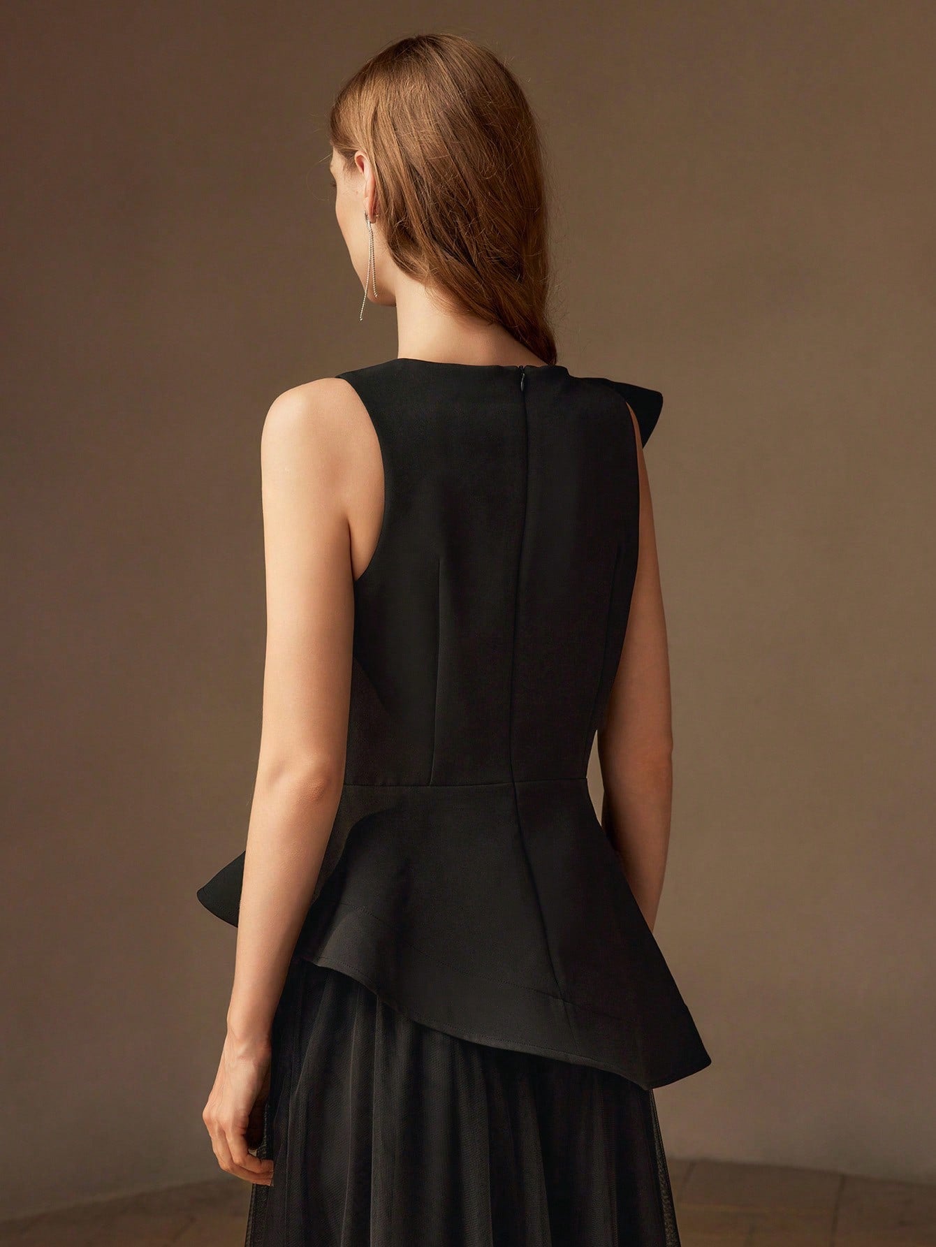 CM-TS446936 Women Elegant Seoul Style Solid Layered Ruffle Trim Asymmetrical Hem Peplum Top - Black