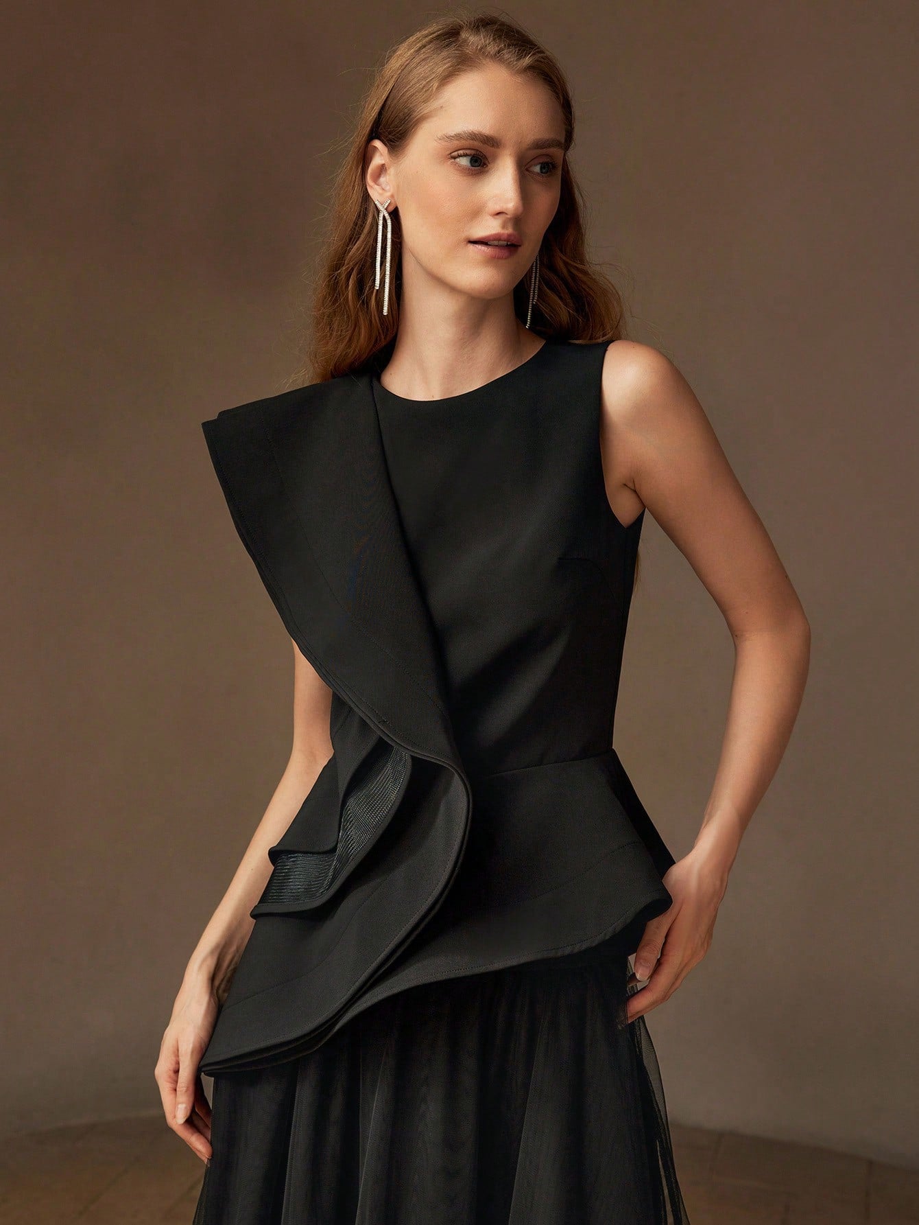 CM-TS446936 Women Elegant Seoul Style Solid Layered Ruffle Trim Asymmetrical Hem Peplum Top - Black