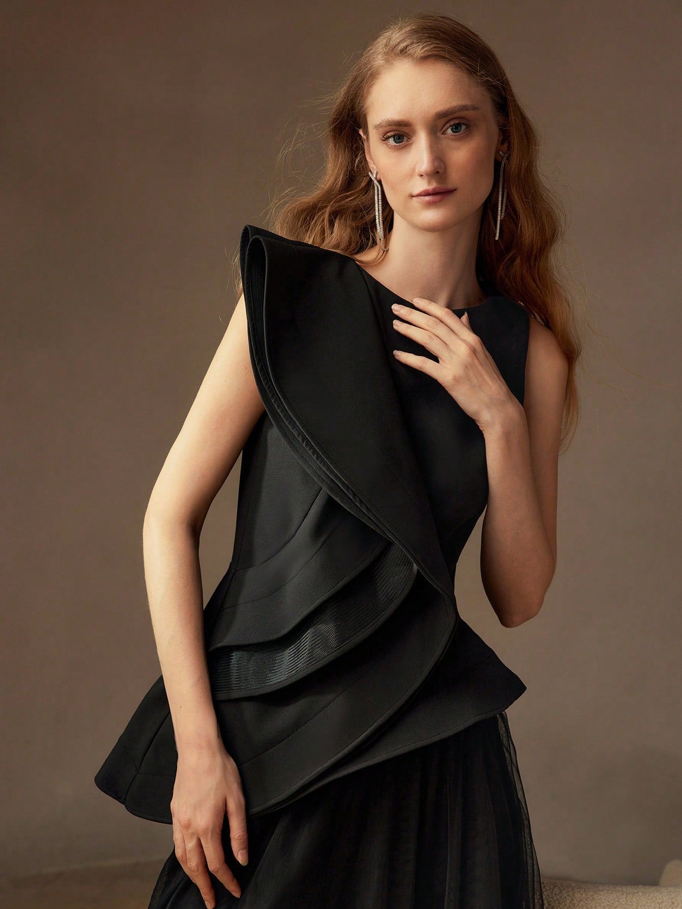 CM-TS446936 Women Elegant Seoul Style Solid Layered Ruffle Trim Asymmetrical Hem Peplum Top - Black