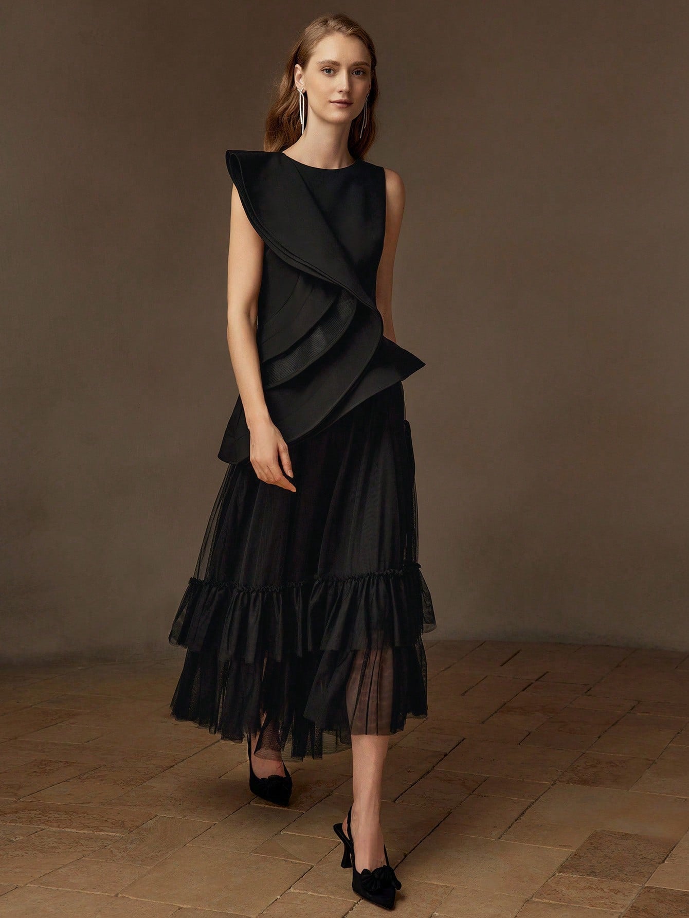 CM-TS446936 Women Elegant Seoul Style Solid Layered Ruffle Trim Asymmetrical Hem Peplum Top - Black