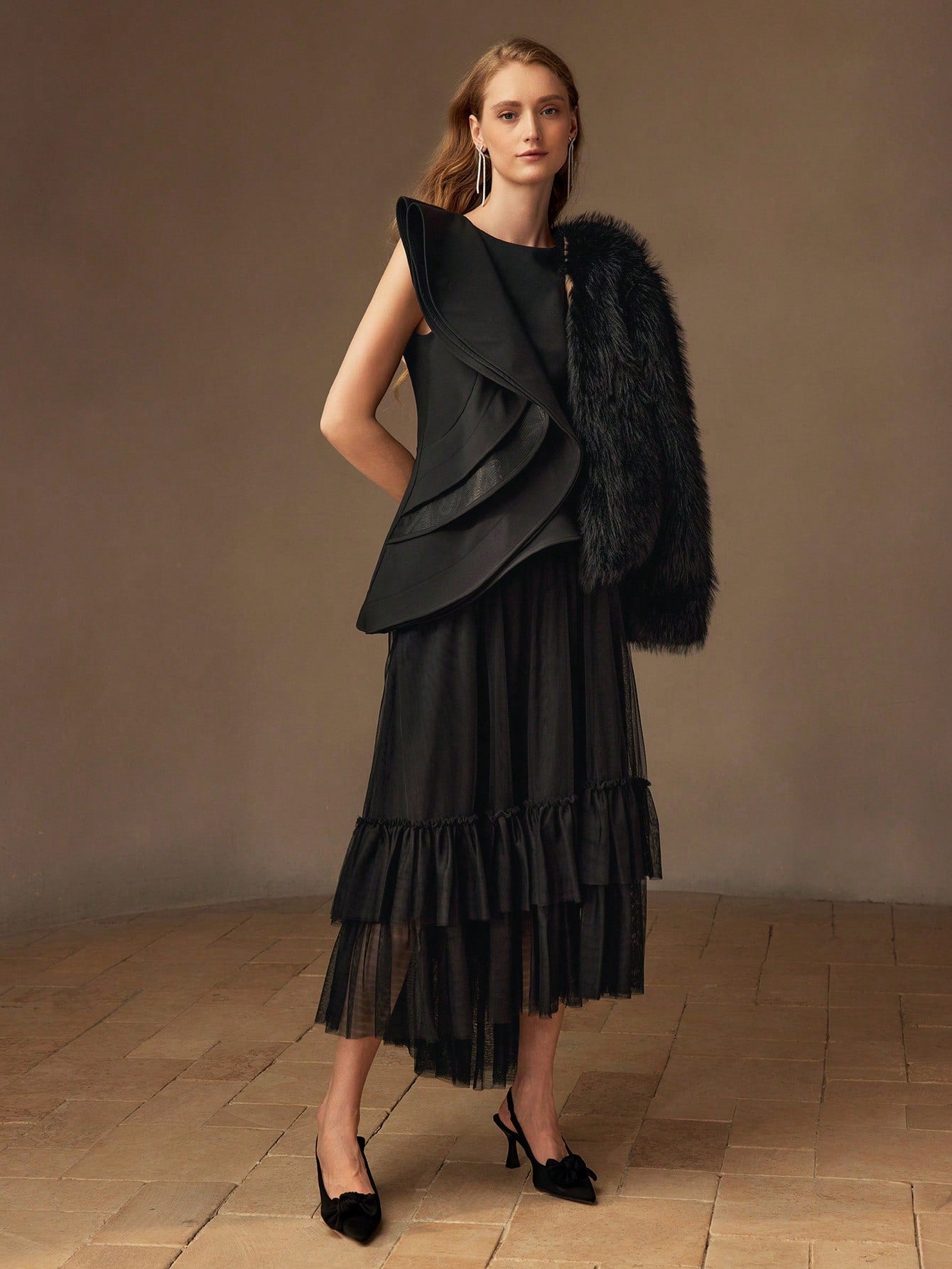 CM-TS446936 Women Elegant Seoul Style Solid Layered Ruffle Trim Asymmetrical Hem Peplum Top - Black