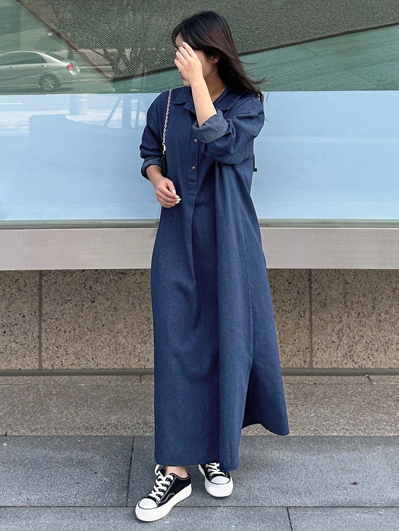 CM-DS296994 Women Casual Seoul Style Dark Wash Collar Neckline Drop Shoulder Loose Long Denim Dress