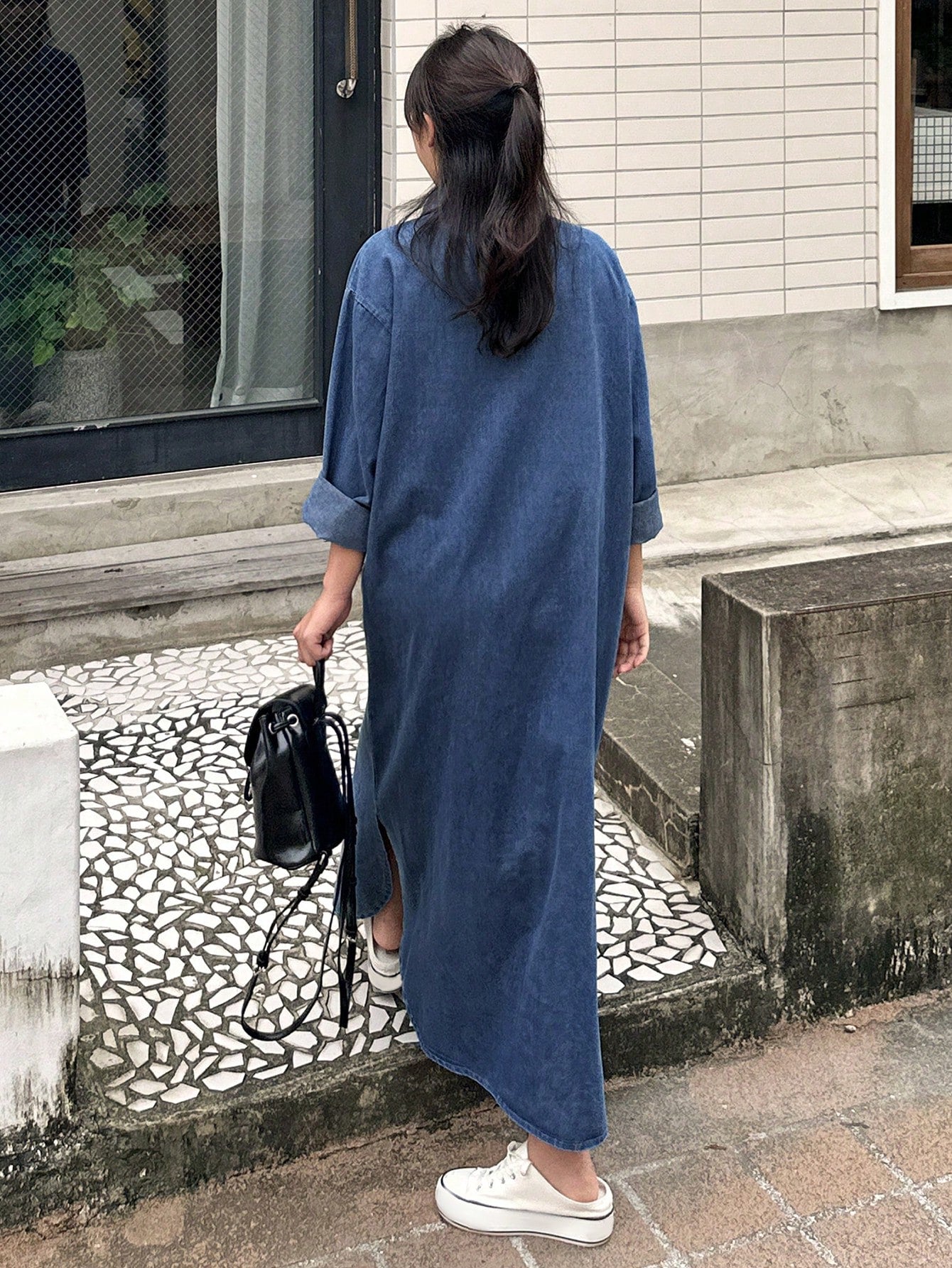 CM-DS296994 Women Casual Seoul Style Dark Wash Collar Neckline Drop Shoulder Loose Long Denim Dress