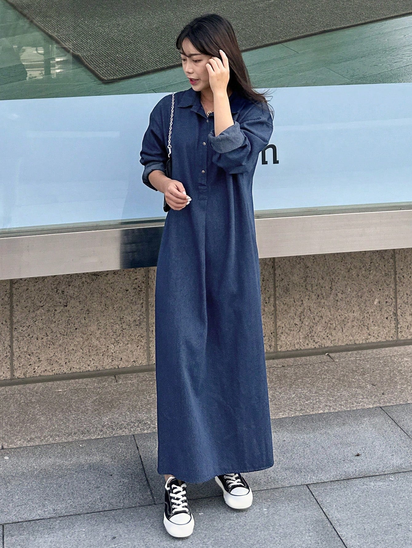 CM-DS296994 Women Casual Seoul Style Dark Wash Collar Neckline Drop Shoulder Loose Long Denim Dress