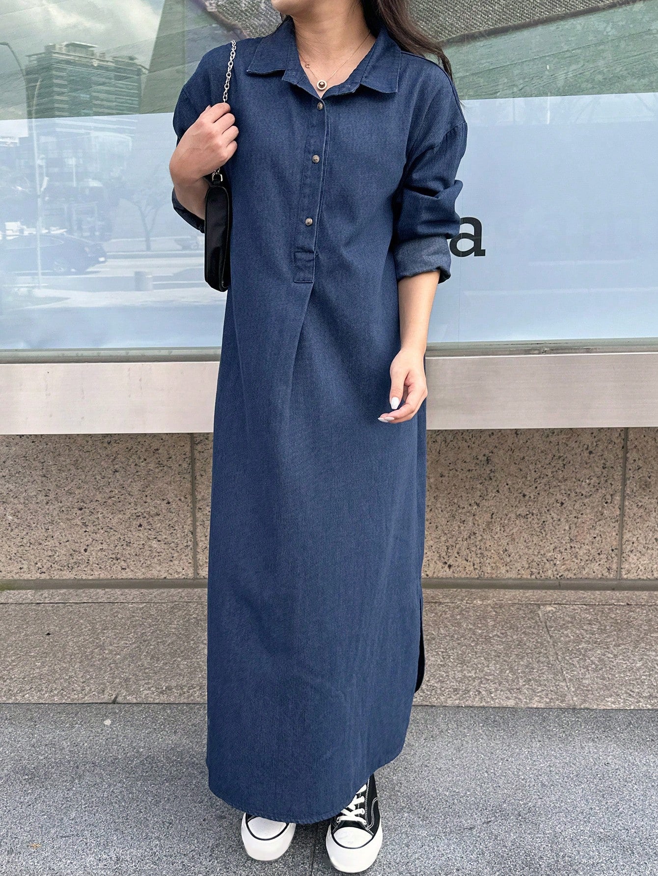 CM-DS296994 Women Casual Seoul Style Dark Wash Collar Neckline Drop Shoulder Loose Long Denim Dress