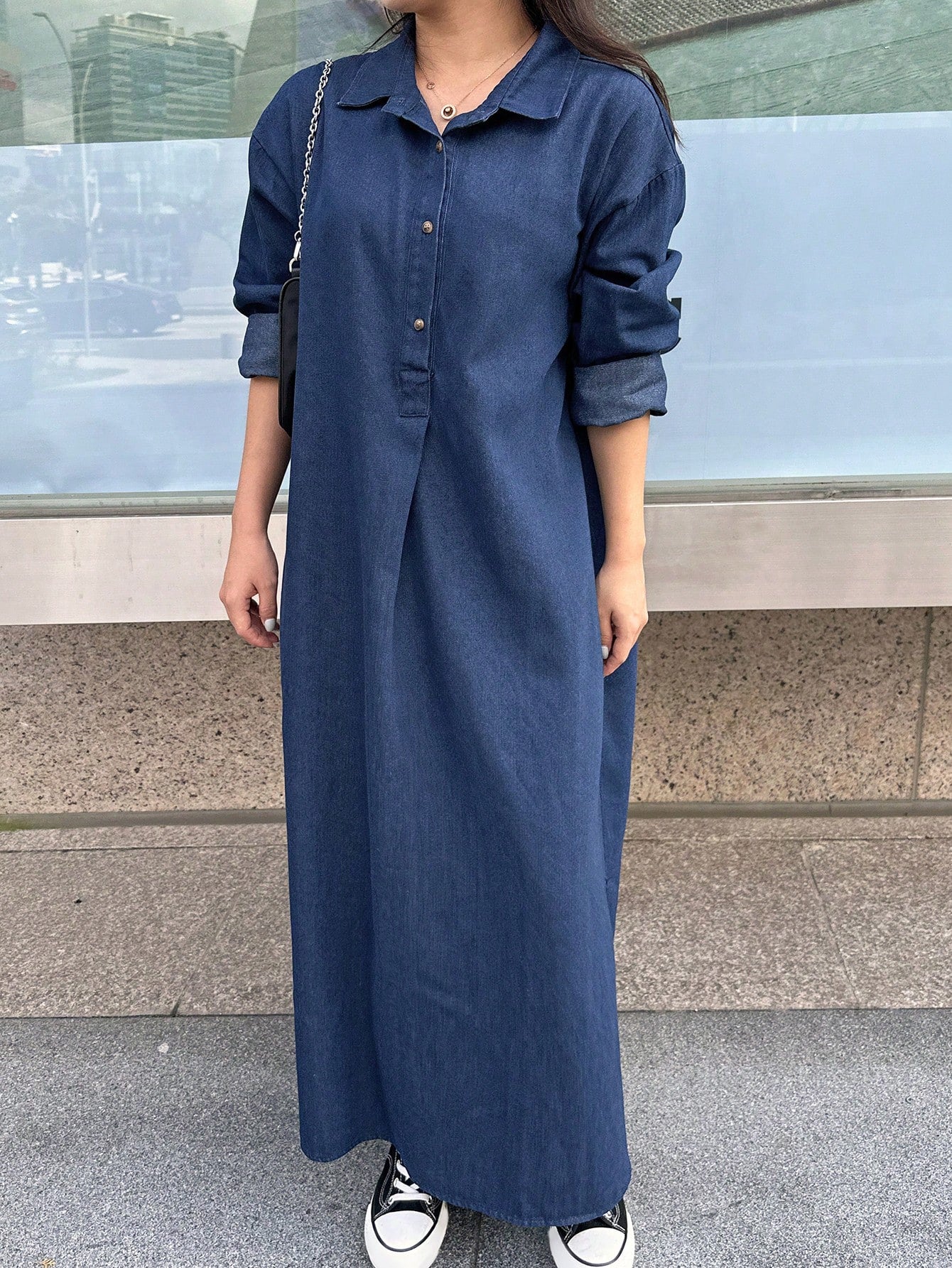 CM-DS296994 Women Casual Seoul Style Dark Wash Collar Neckline Drop Shoulder Loose Long Denim Dress