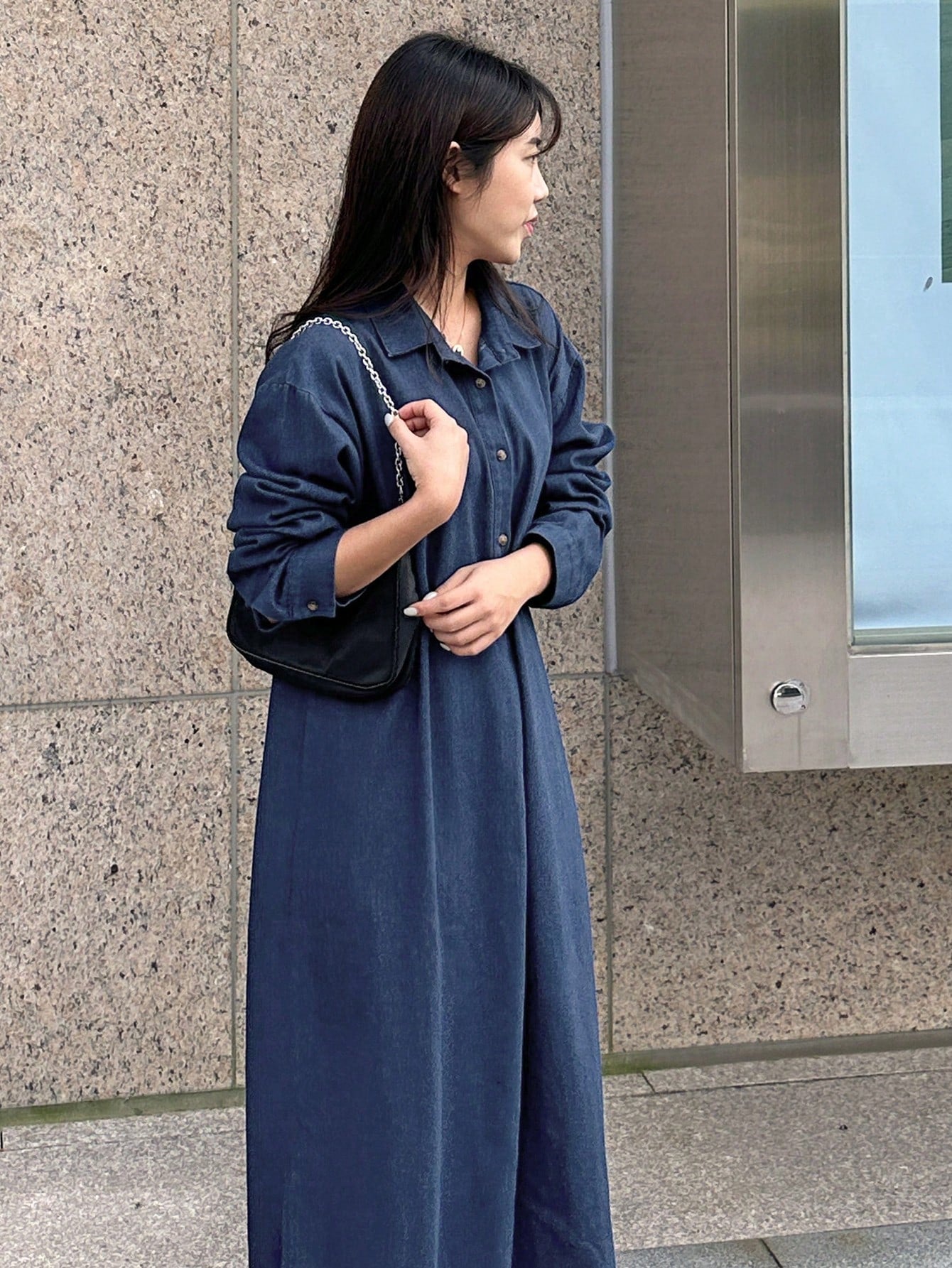 CM-DS296994 Women Casual Seoul Style Dark Wash Collar Neckline Drop Shoulder Loose Long Denim Dress