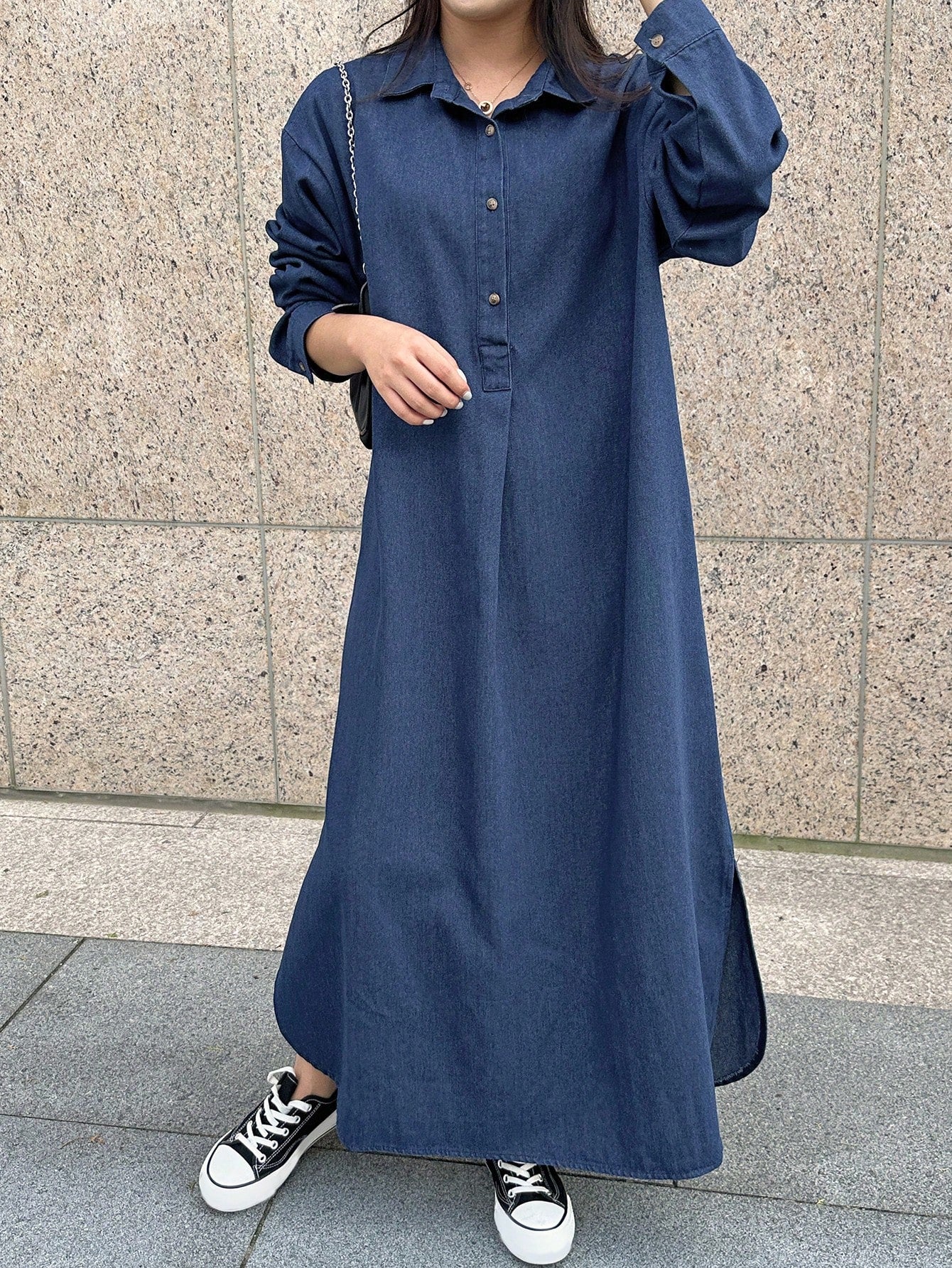 CM-DS296994 Women Casual Seoul Style Dark Wash Collar Neckline Drop Shoulder Loose Long Denim Dress