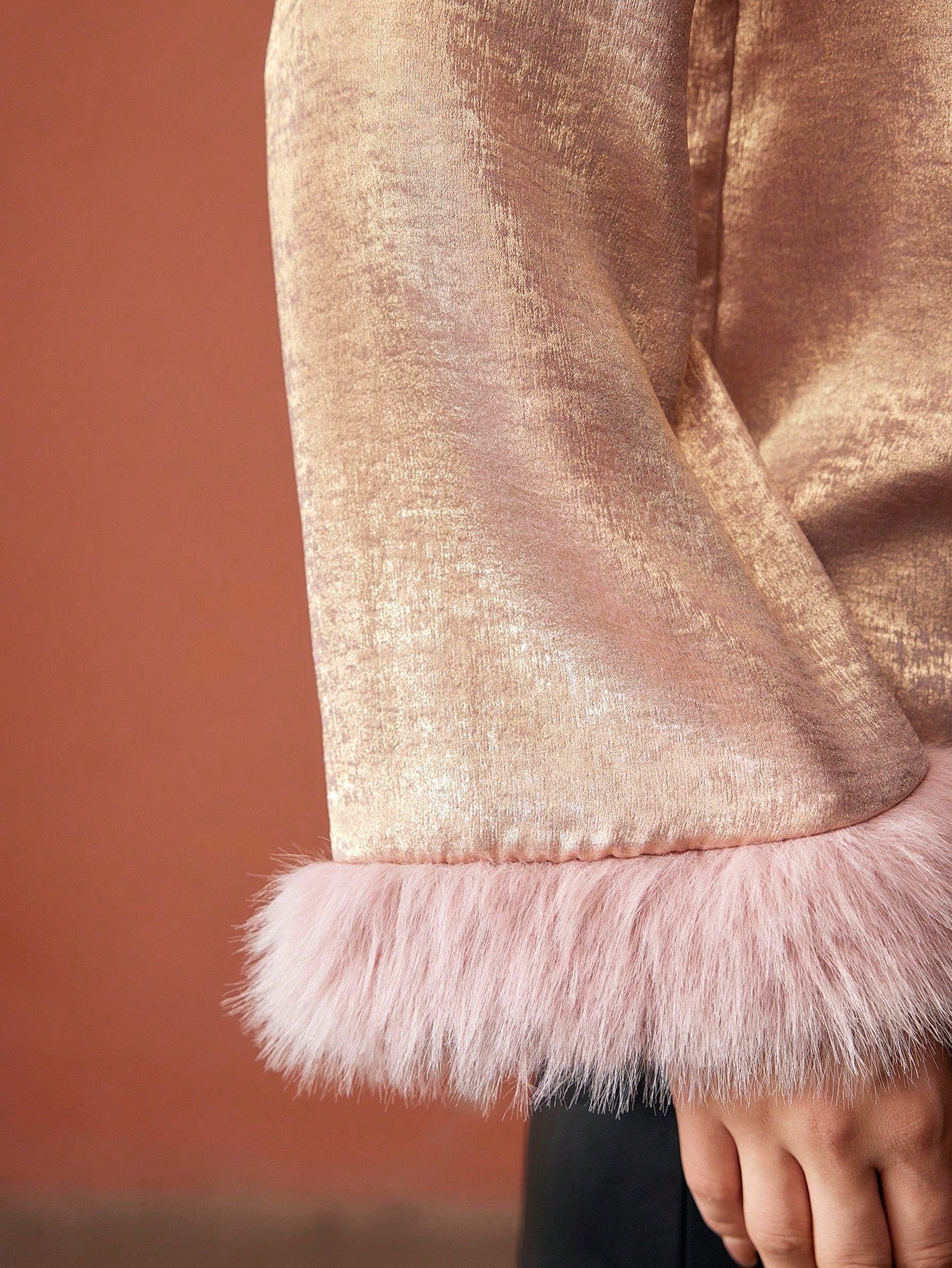 CM-TS619124 Women Elegant Seoul Style Mock Neck Contrast Fuzzy Cuff Fold Pleated Blouse - Rose Gold