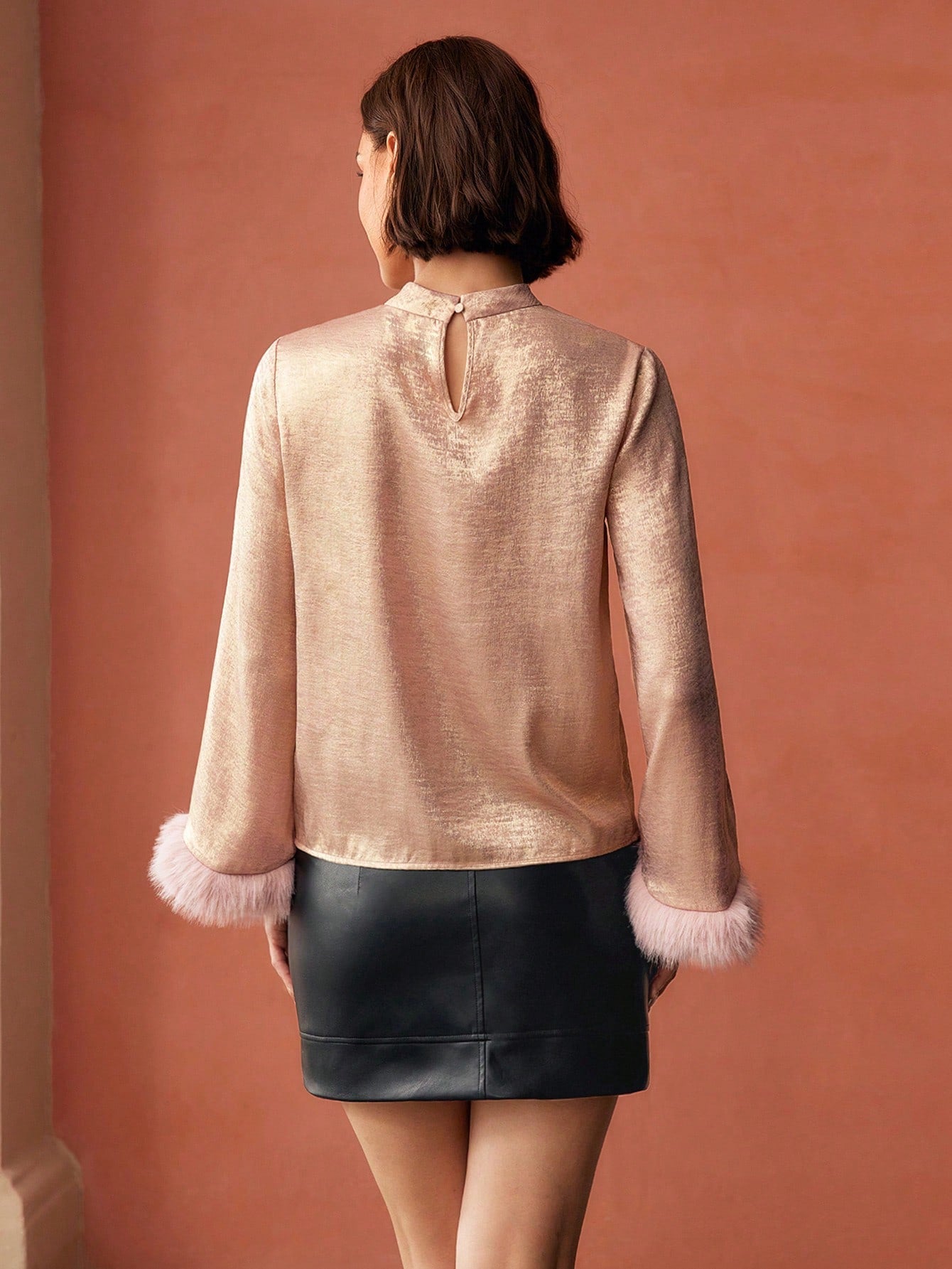 CM-TS619124 Women Elegant Seoul Style Mock Neck Contrast Fuzzy Cuff Fold Pleated Blouse - Rose Gold