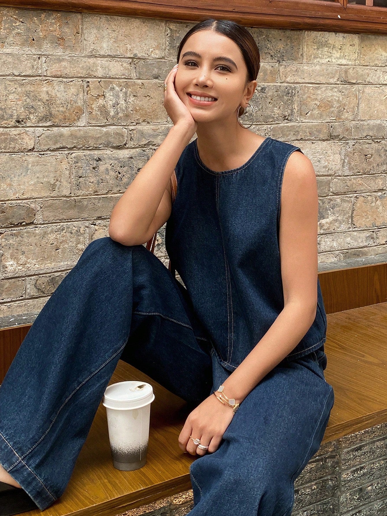 CM-SS110461 Women Casual Seoul Style Round Neck Loose Vest With Loose Pocket Denim Pants - Set