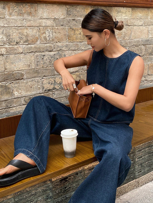 CM-SS110461 Women Casual Seoul Style Round Neck Loose Vest With Loose Pocket Denim Pants - Set