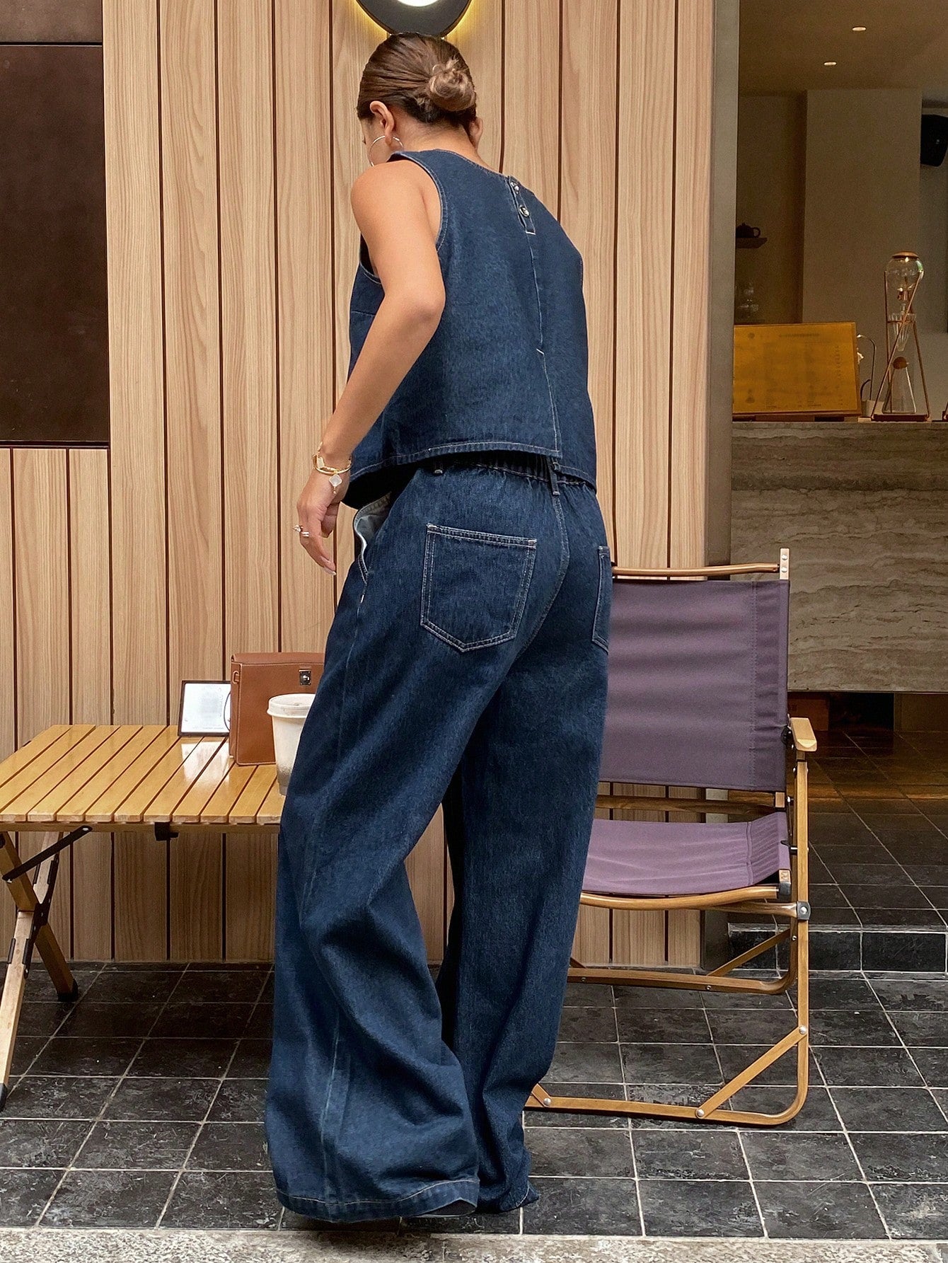 CM-SS110461 Women Casual Seoul Style Round Neck Loose Vest With Loose Pocket Denim Pants - Set