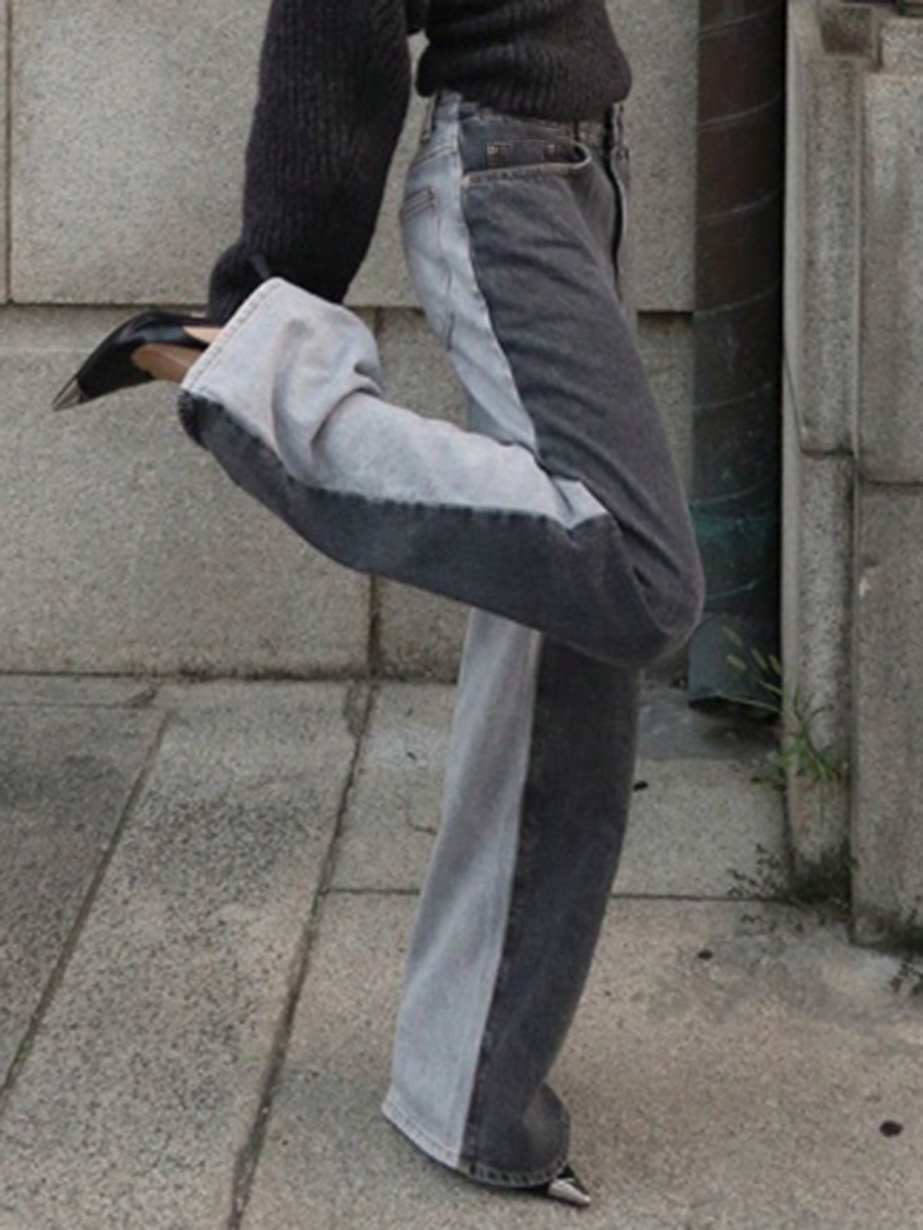 CM-BS900433 Women Casual Seoul Style Contrast Color Splicing Loose Straight Leg Jeans - Dark Gray