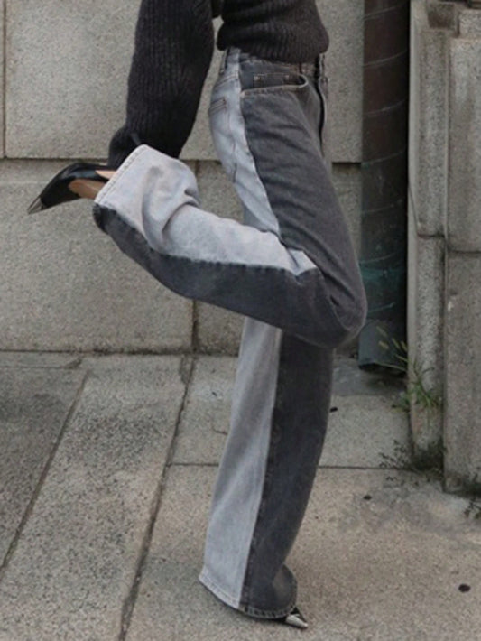 CM-BS900433 Women Casual Seoul Style Contrast Color Splicing Loose Straight Leg Jeans - Dark Gray