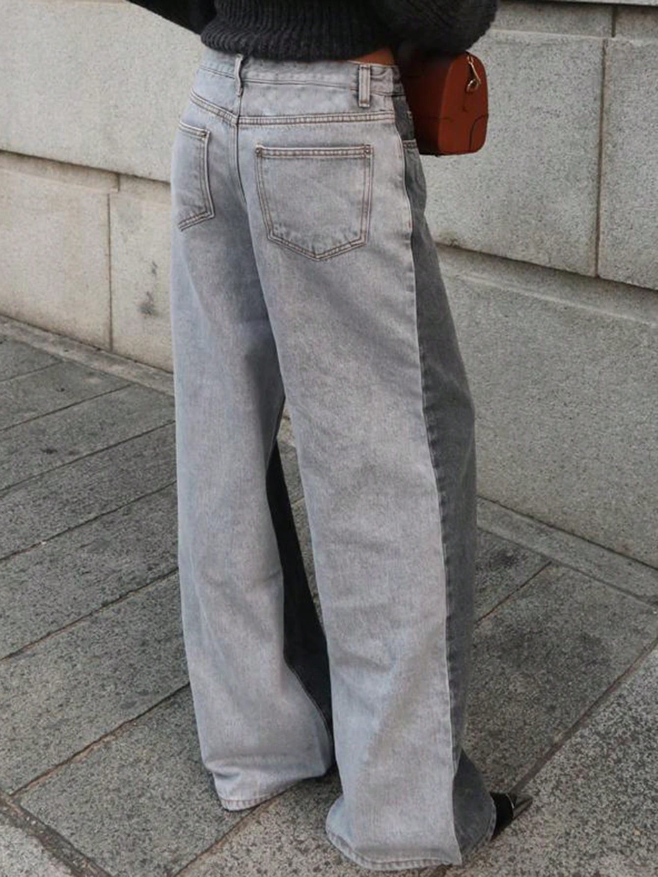 CM-BS900433 Women Casual Seoul Style Contrast Color Splicing Loose Straight Leg Jeans - Dark Gray