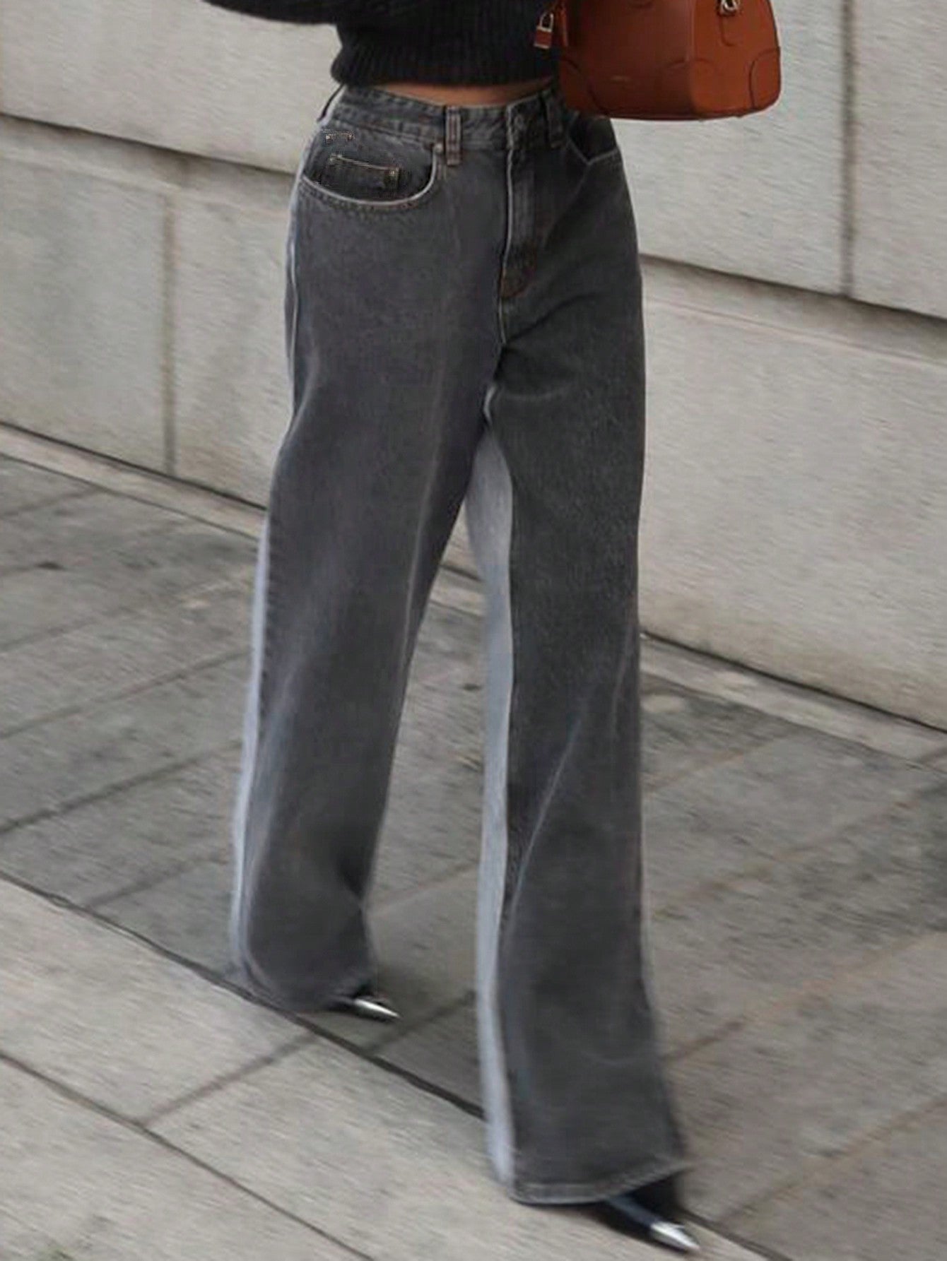 CM-BS900433 Women Casual Seoul Style Contrast Color Splicing Loose Straight Leg Jeans - Dark Gray