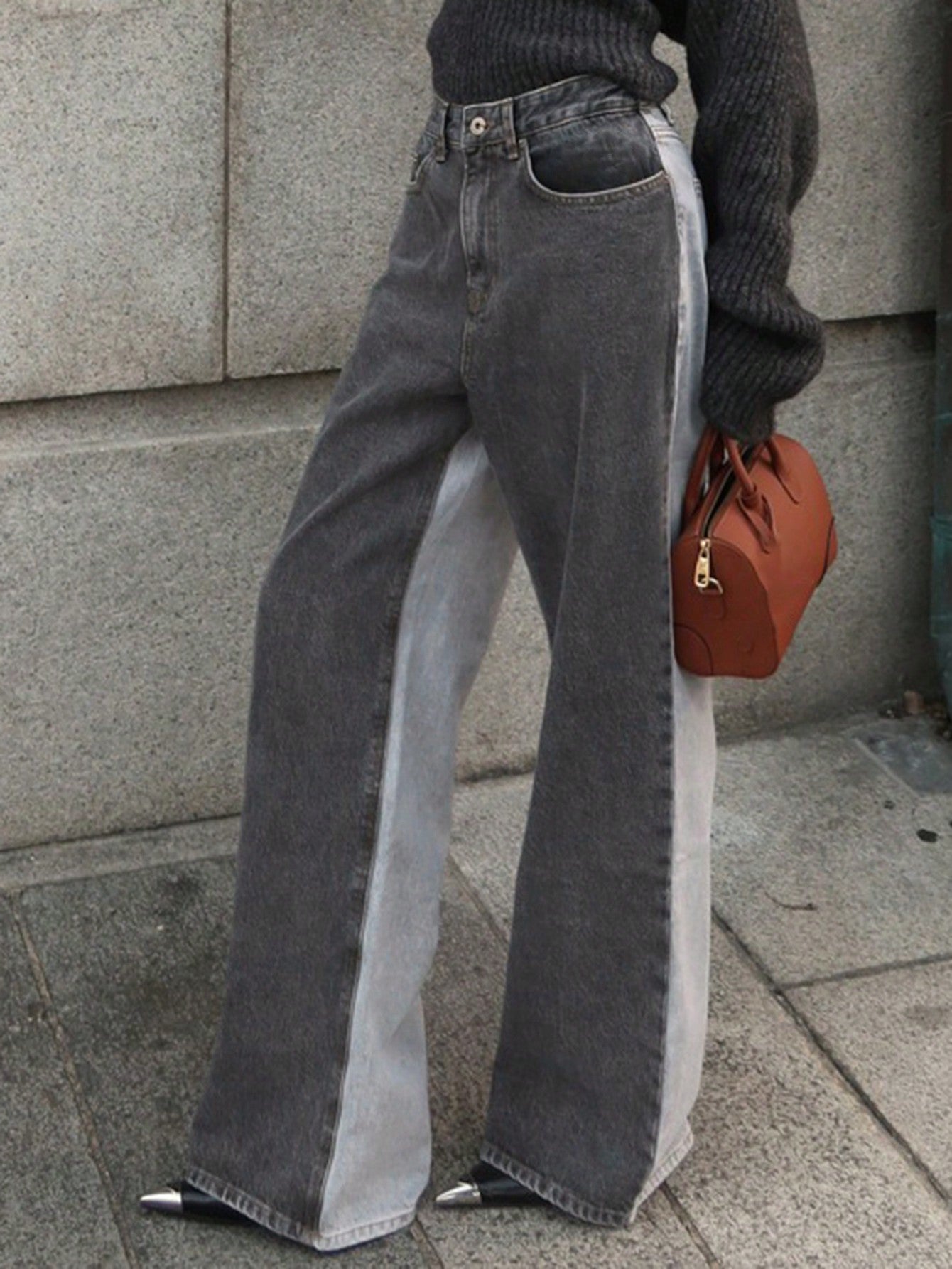 CM-BS900433 Women Casual Seoul Style Contrast Color Splicing Loose Straight Leg Jeans - Dark Gray