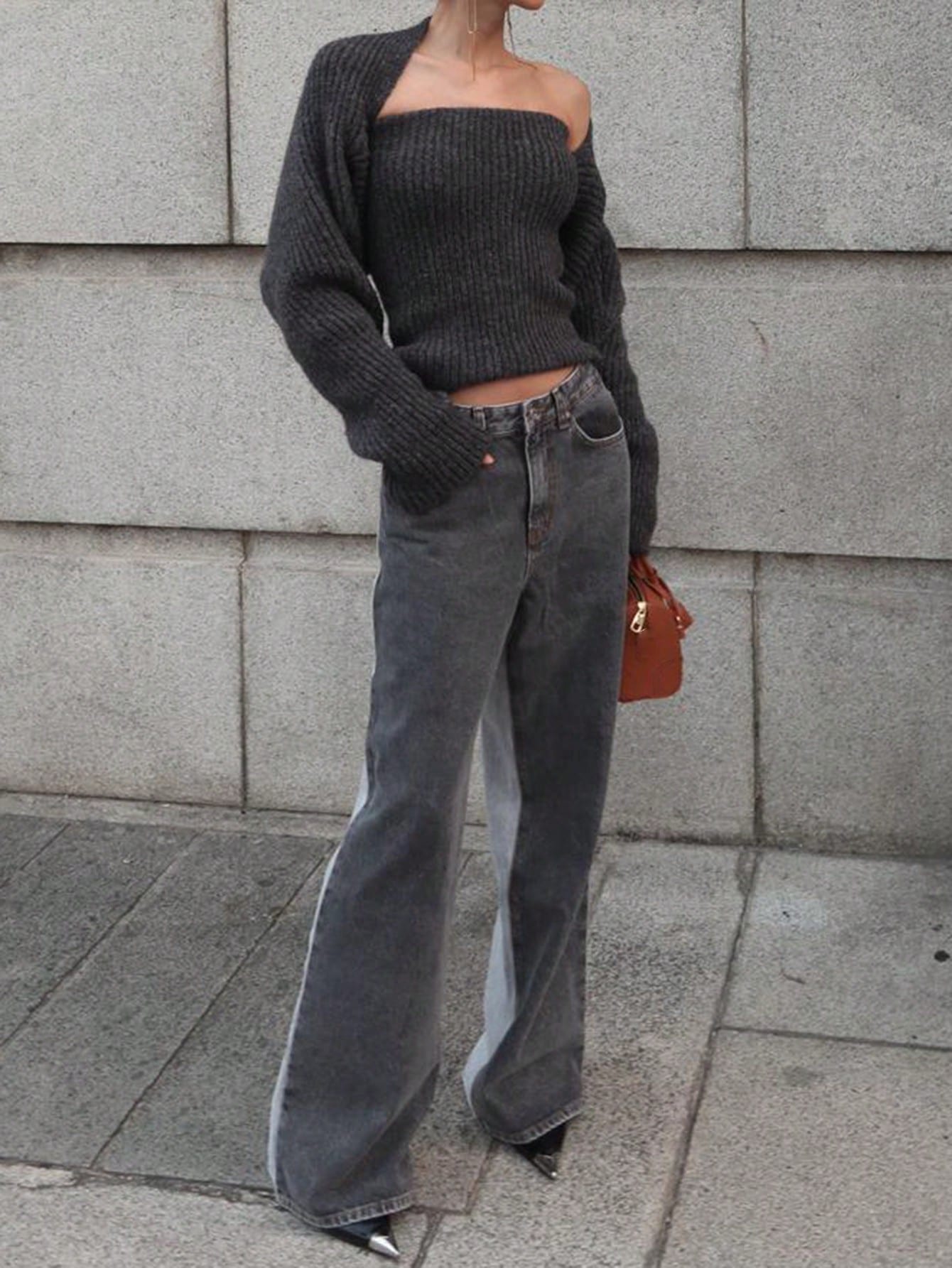 CM-BS900433 Women Casual Seoul Style Contrast Color Splicing Loose Straight Leg Jeans - Dark Gray