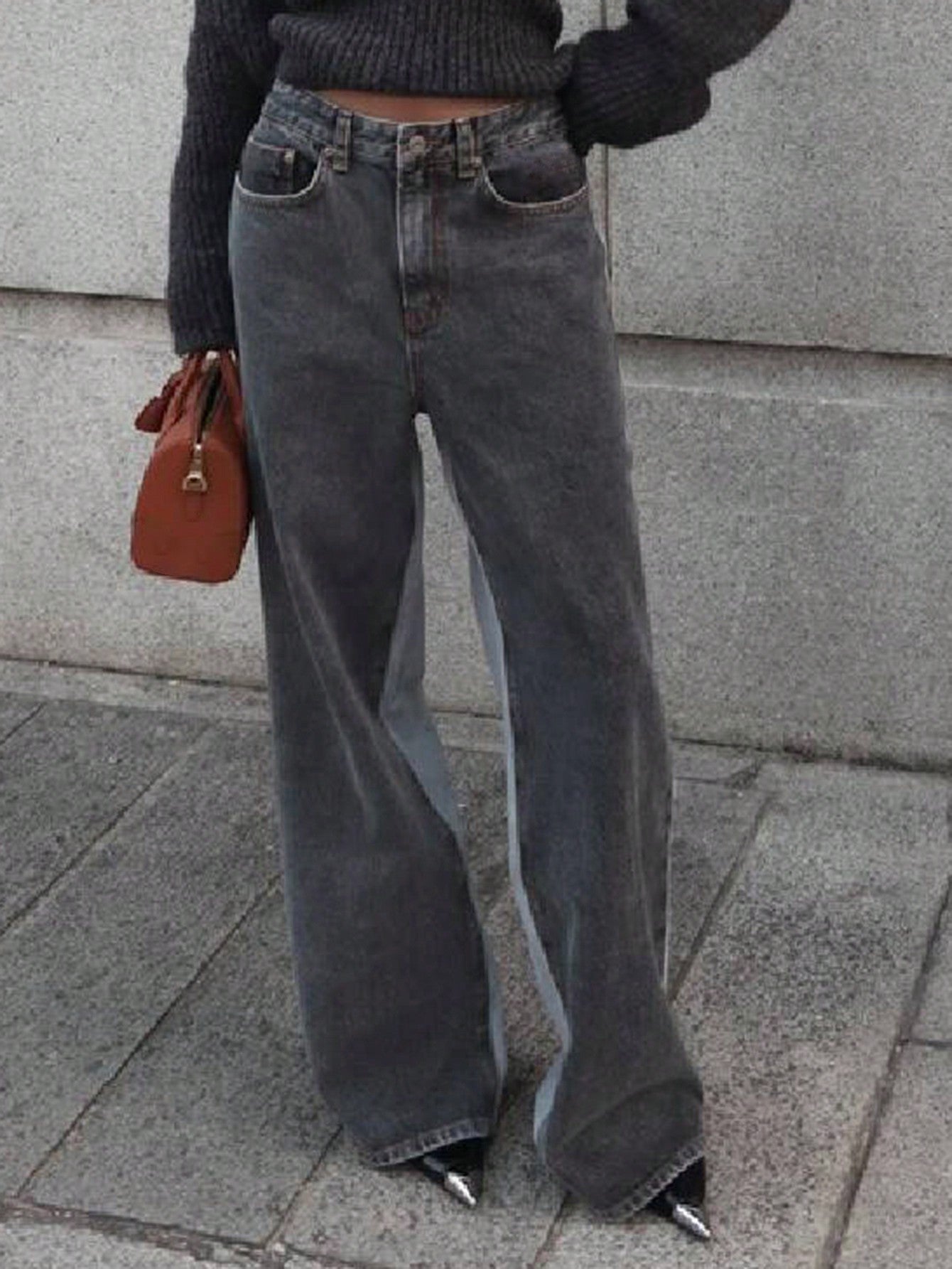 CM-BS900433 Women Casual Seoul Style Contrast Color Splicing Loose Straight Leg Jeans - Dark Gray