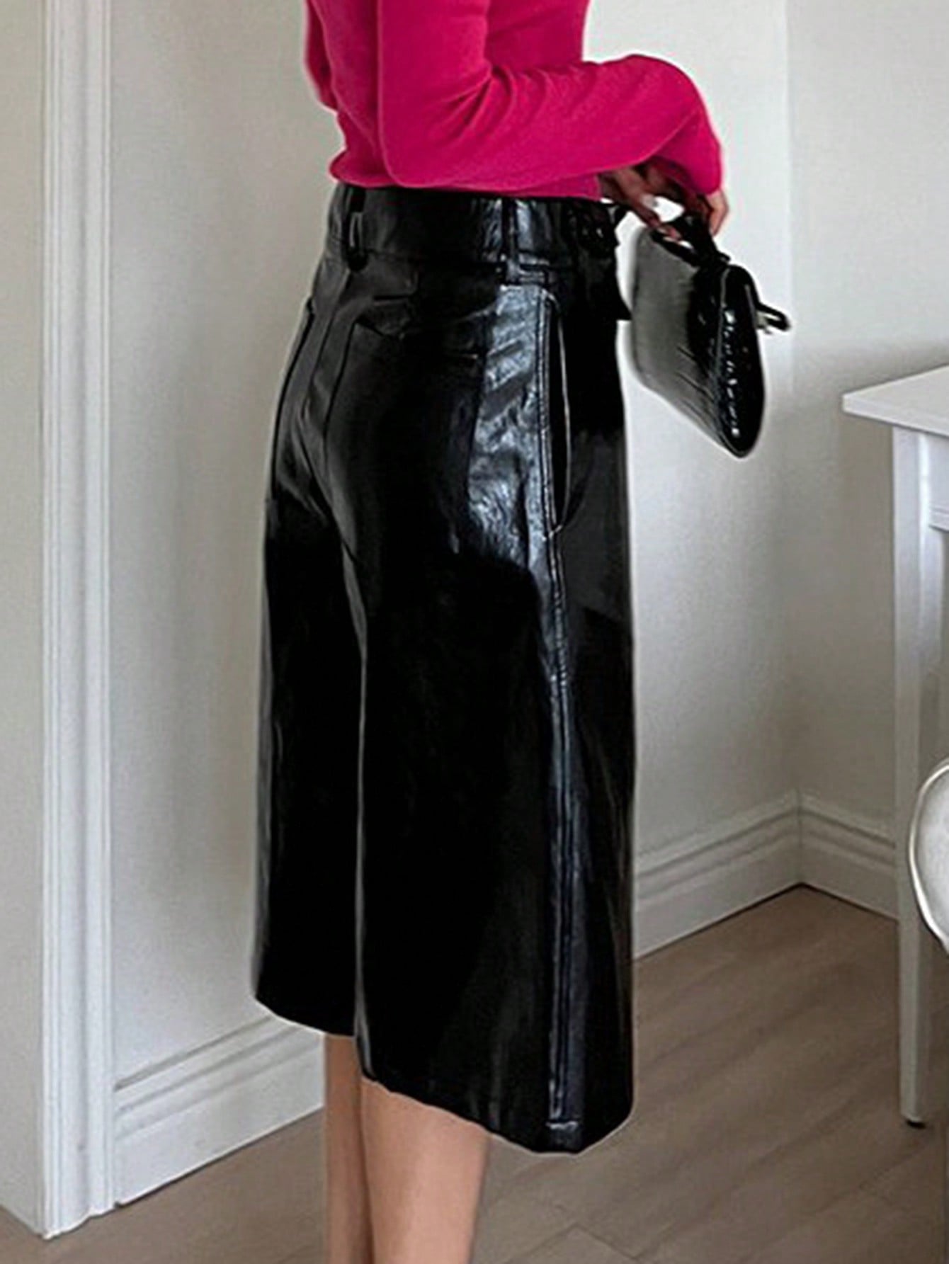 CM-BS755513 Women Casual Seoul Style Solid Color PU Leather Wide Leg Casual Shorts - Black