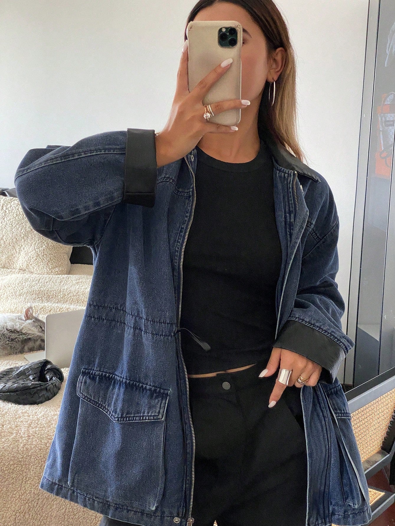 CM-CS960983 Women Casual Seoul Style Patchwork PU Loose Long Sleeve Drawstring Zipper Denim Jacket