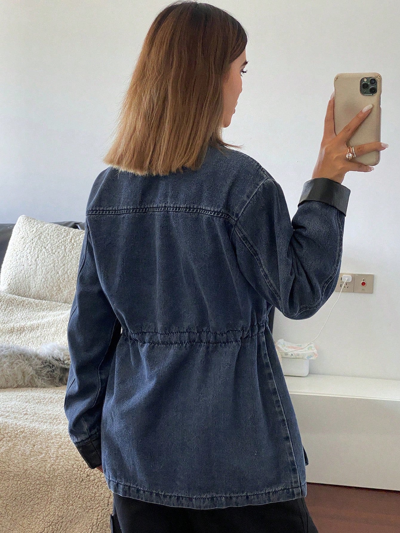 CM-CS960983 Women Casual Seoul Style Patchwork PU Loose Long Sleeve Drawstring Zipper Denim Jacket