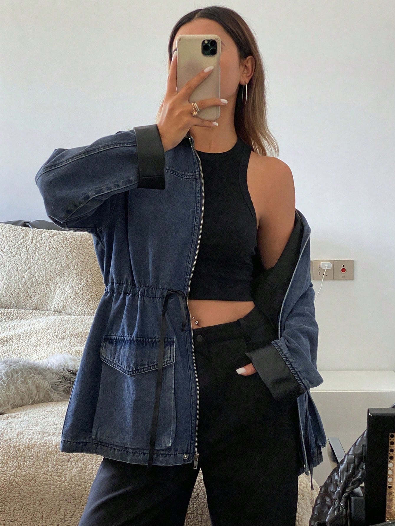 CM-CS960983 Women Casual Seoul Style Patchwork PU Loose Long Sleeve Drawstring Zipper Denim Jacket