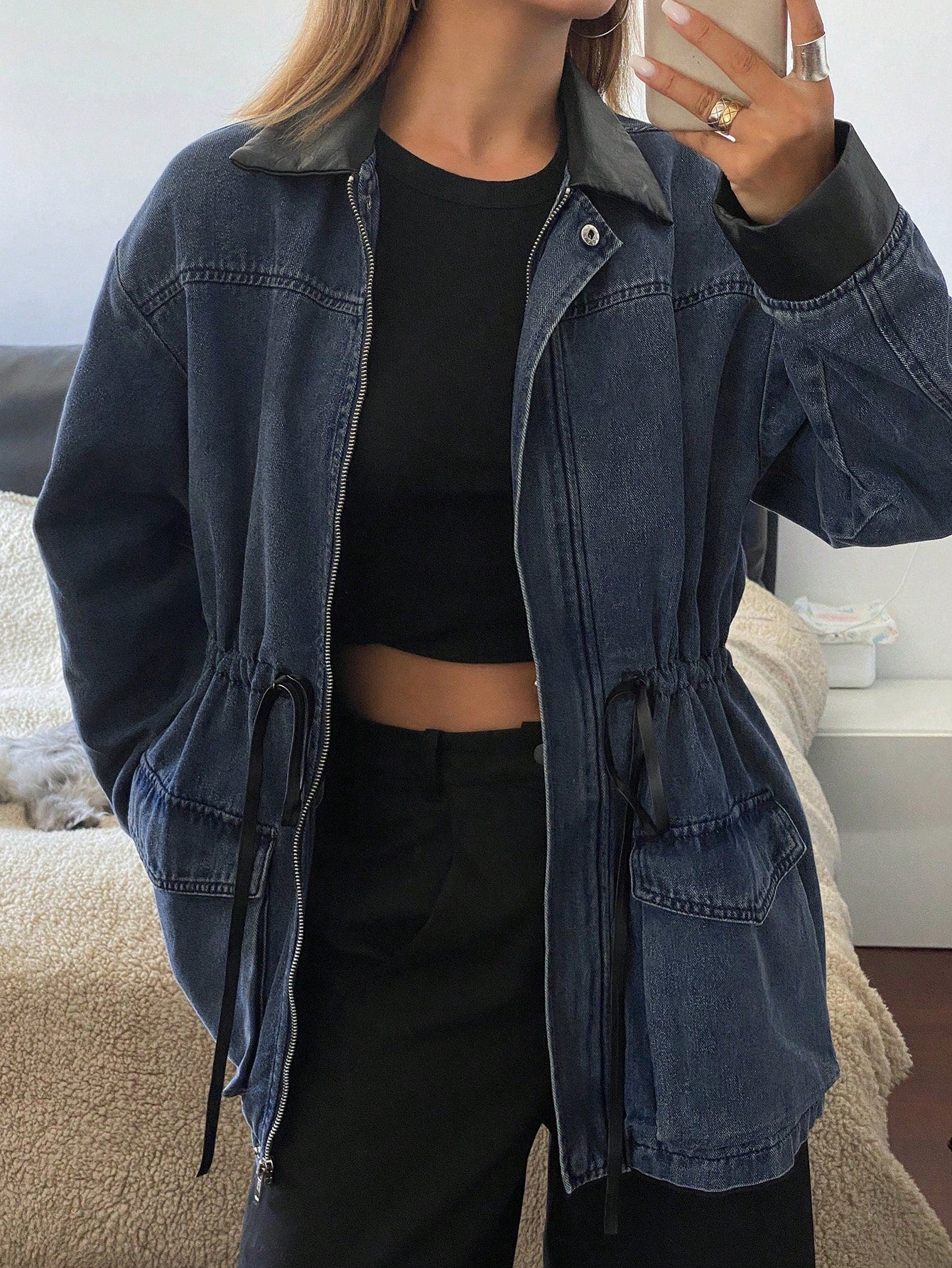 CM-CS960983 Women Casual Seoul Style Patchwork PU Loose Long Sleeve Drawstring Zipper Denim Jacket