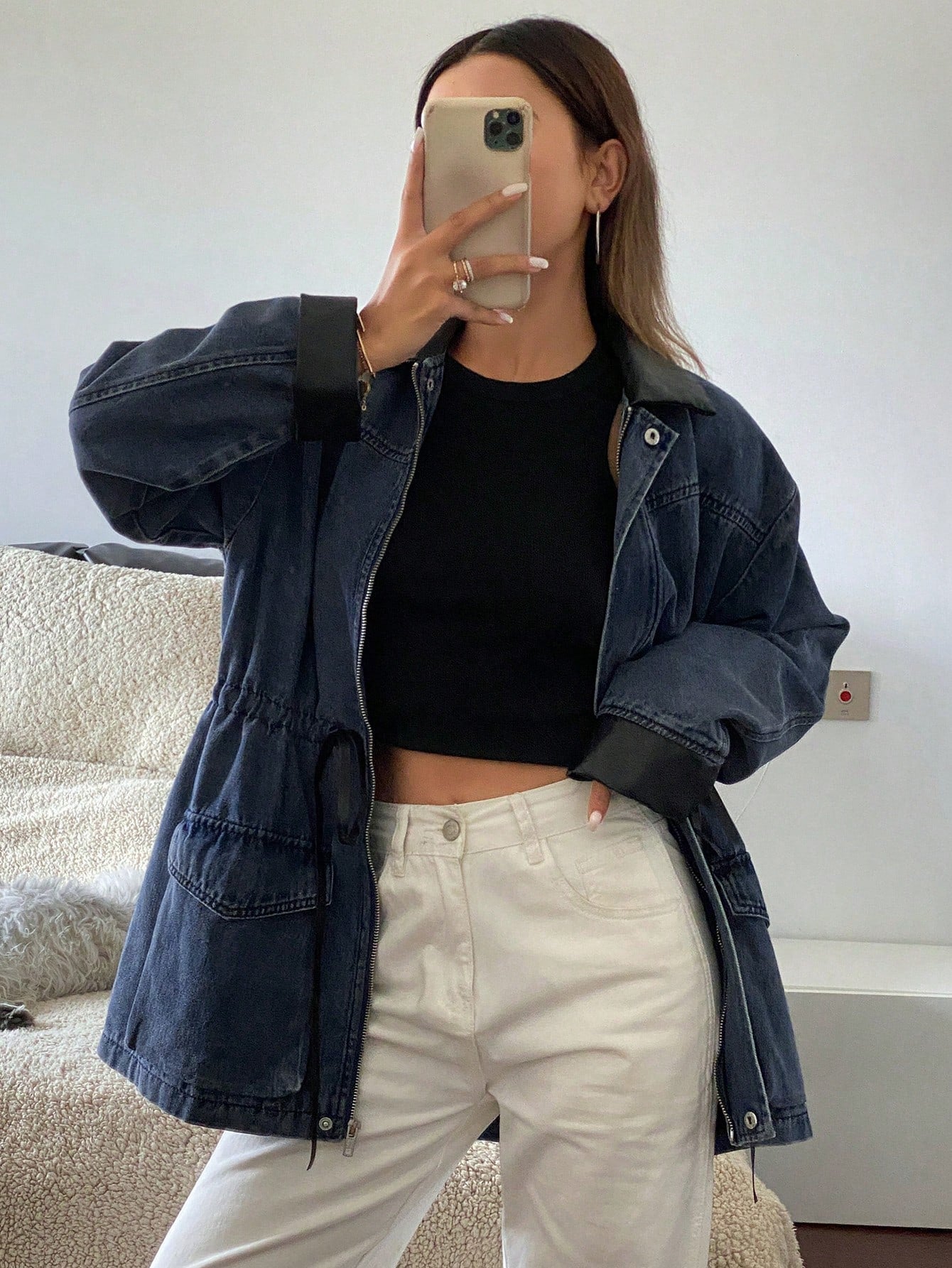 CM-CS960983 Women Casual Seoul Style Patchwork PU Loose Long Sleeve Drawstring Zipper Denim Jacket