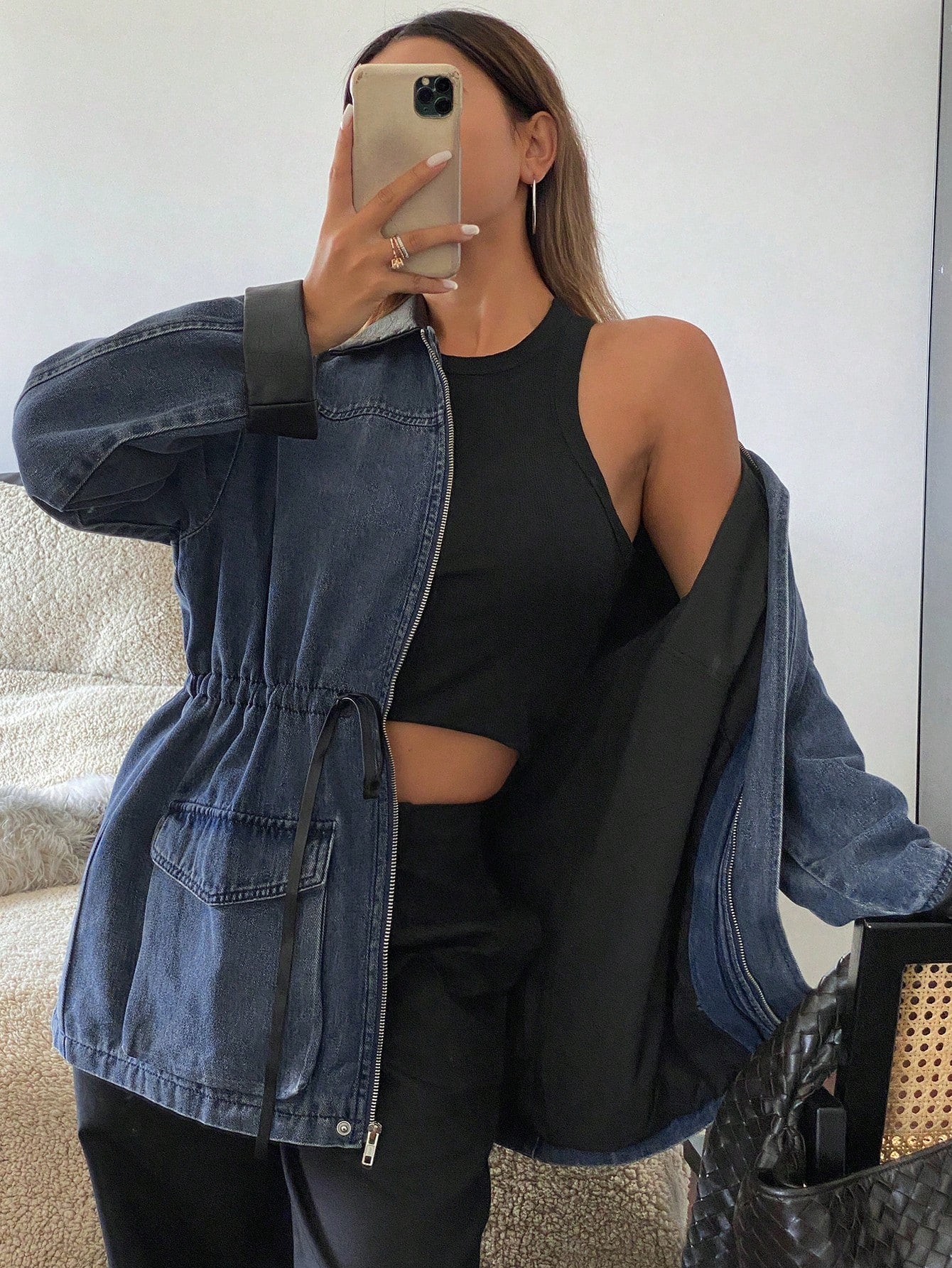 CM-CS960983 Women Casual Seoul Style Patchwork PU Loose Long Sleeve Drawstring Zipper Denim Jacket