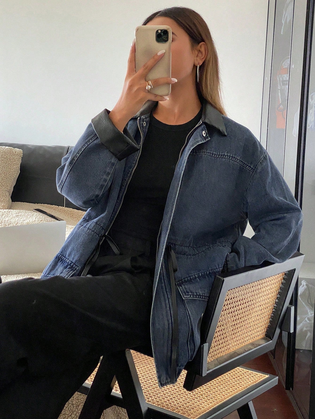 CM-CS960983 Women Casual Seoul Style Patchwork PU Loose Long Sleeve Drawstring Zipper Denim Jacket