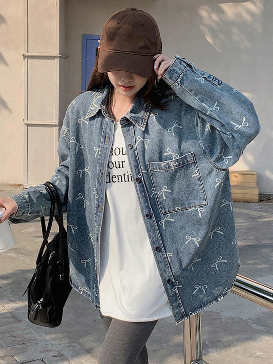 CM-CS007481 Women Casual Seoul Style Light Wash All-Over Bowknot Long Sleeve Denim Jacket