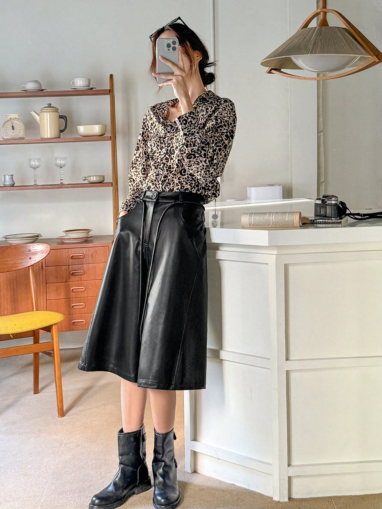 CM-BS640416 Women Casual Seoul Style Drawstring Front Button PU Bermuda Shorts - Black