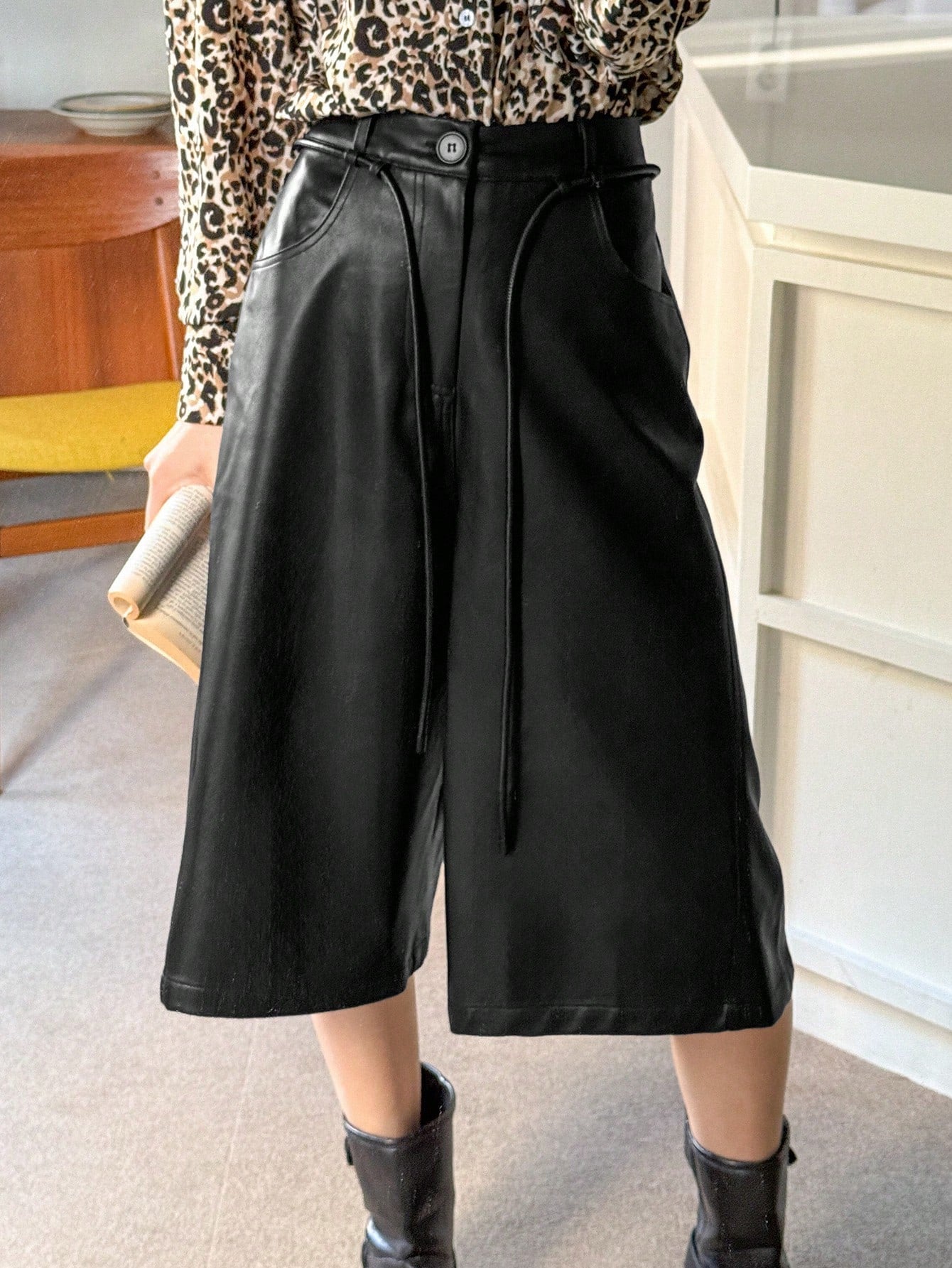 CM-BS640416 Women Casual Seoul Style Drawstring Front Button PU Bermuda Shorts - Black