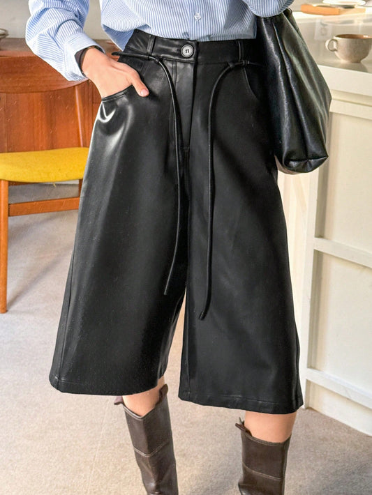 CM-BS640416 Women Casual Seoul Style Drawstring Front Button PU Bermuda Shorts - Black