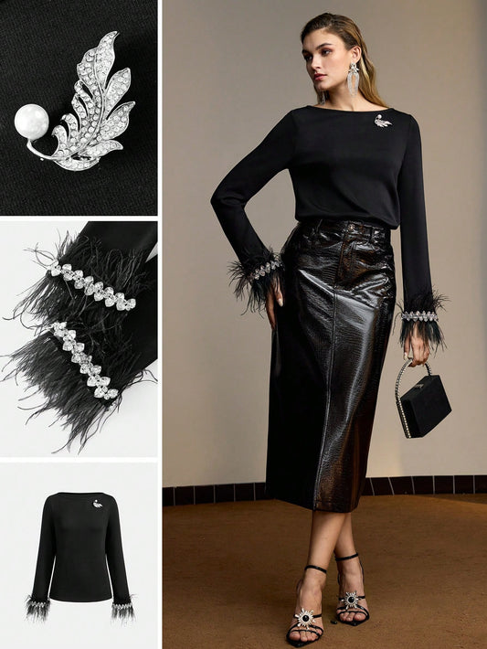 CM-TS111825 Women Elegant Seoul Style Round Neck Long Sleeve Rhinestone Fluffy Cuff Brooch Blouse - Black