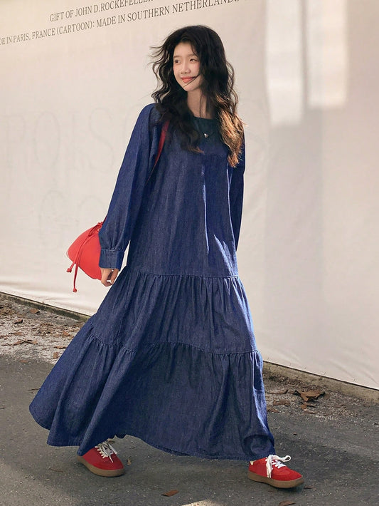 CM-DS258817 Women Casual Seoul Style Medium Wash Round Neck Long Sleeve Drop Waist Denim Dress