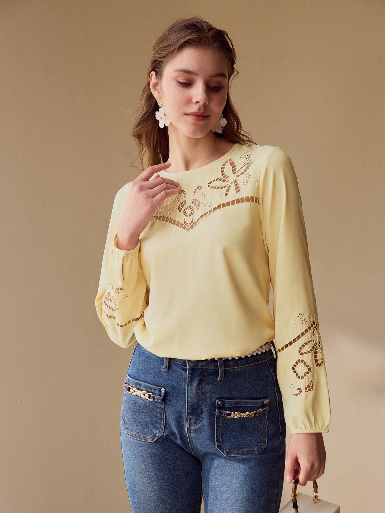 CM-TS495155 Women Elegant Seoul Style Embroidery Detail Scoop Neck Lantern Sleeve Blouse - Yellow