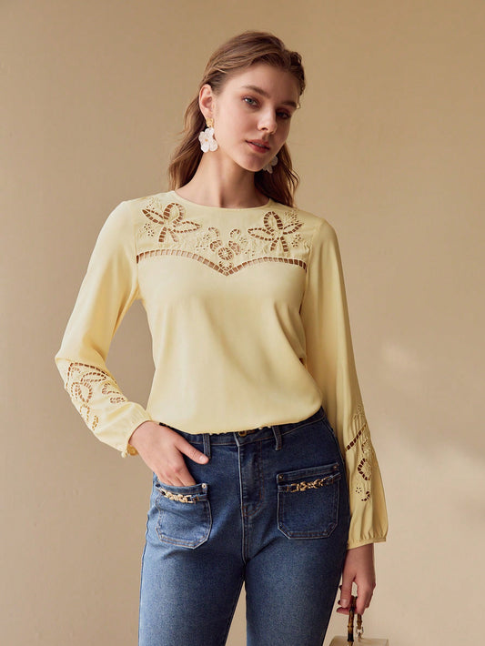 CM-TS495155 Women Elegant Seoul Style Embroidery Detail Scoop Neck Lantern Sleeve Blouse - Yellow