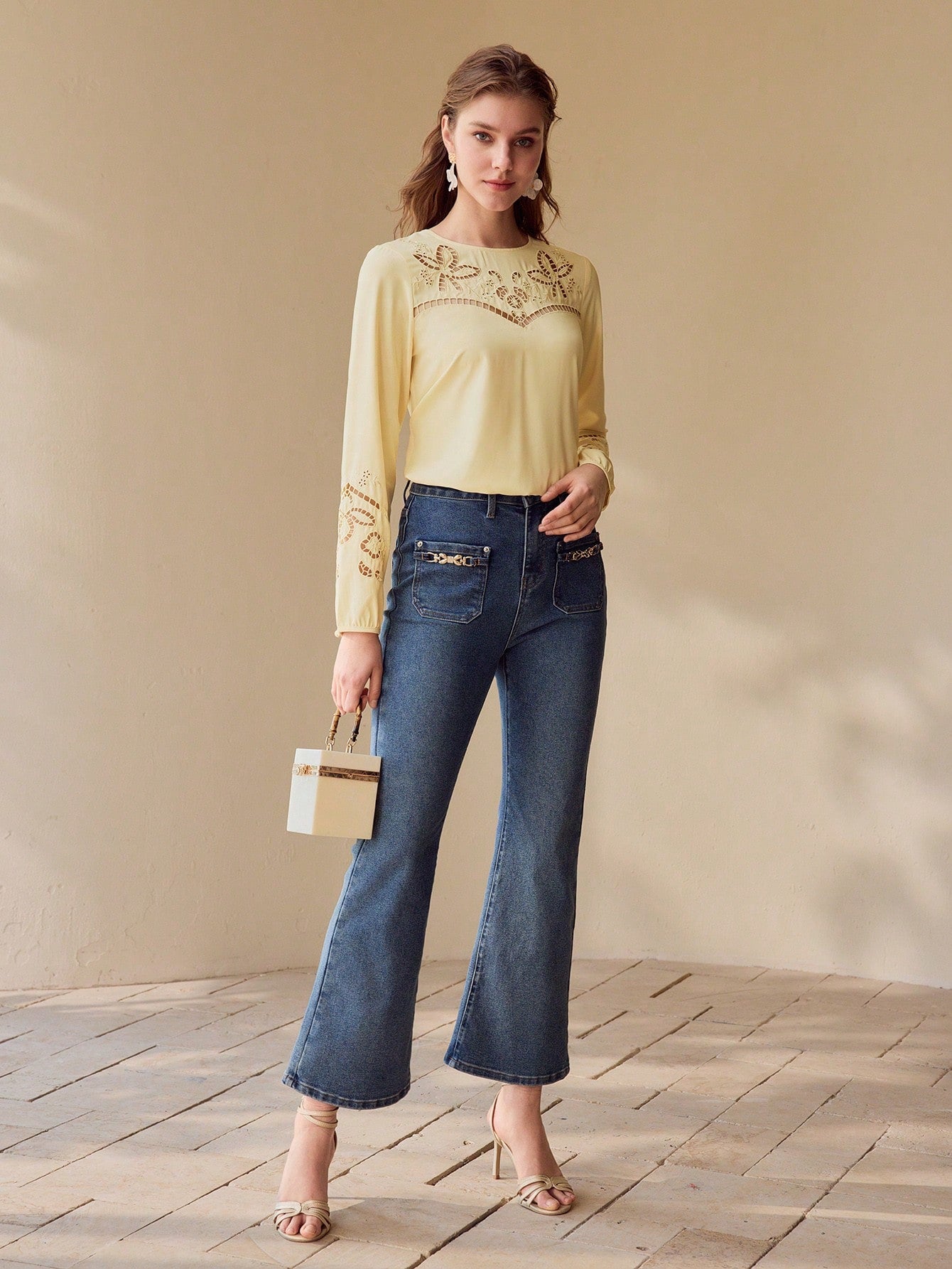 CM-TS495155 Women Elegant Seoul Style Embroidery Detail Scoop Neck Lantern Sleeve Blouse - Yellow