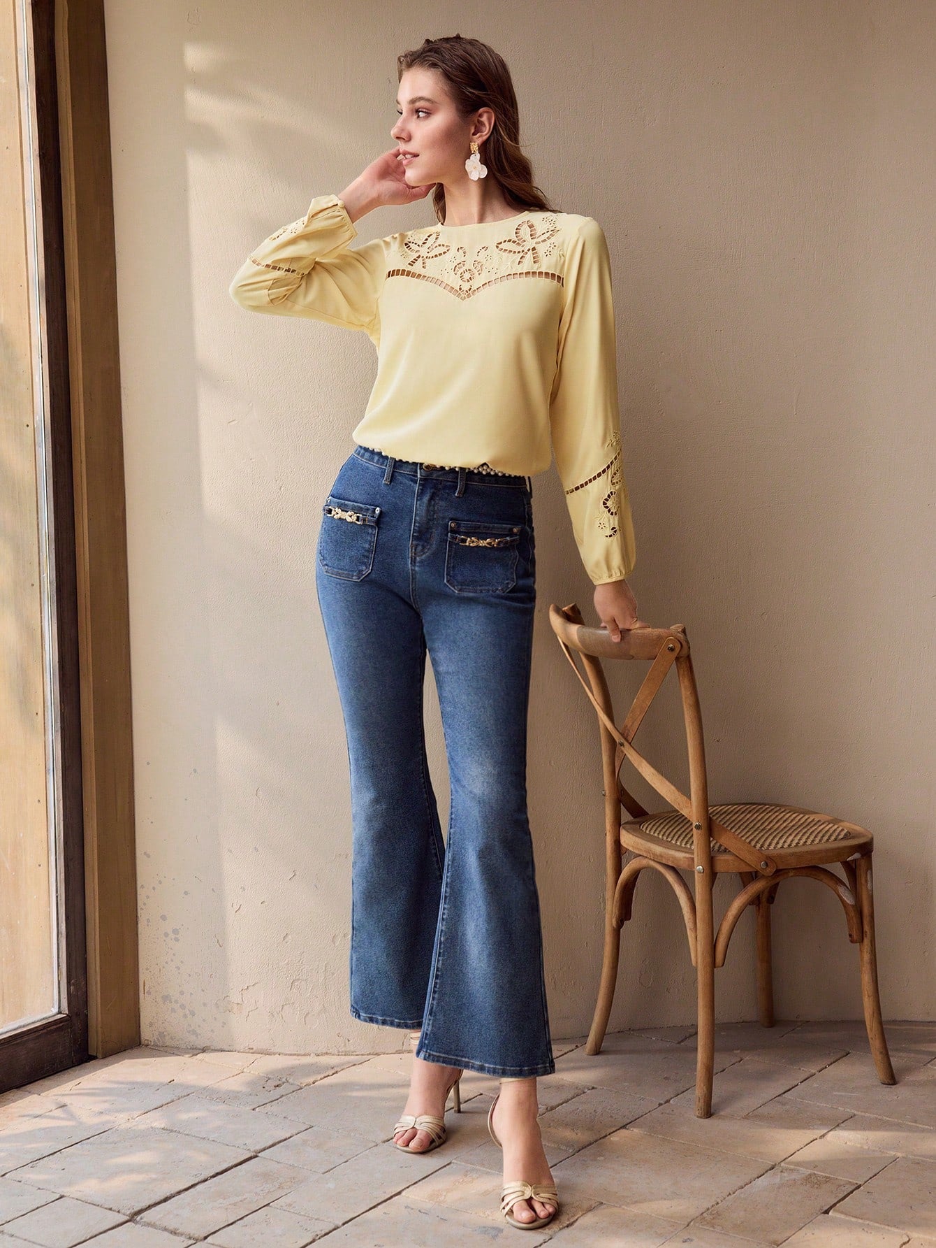 CM-TS495155 Women Elegant Seoul Style Embroidery Detail Scoop Neck Lantern Sleeve Blouse - Yellow