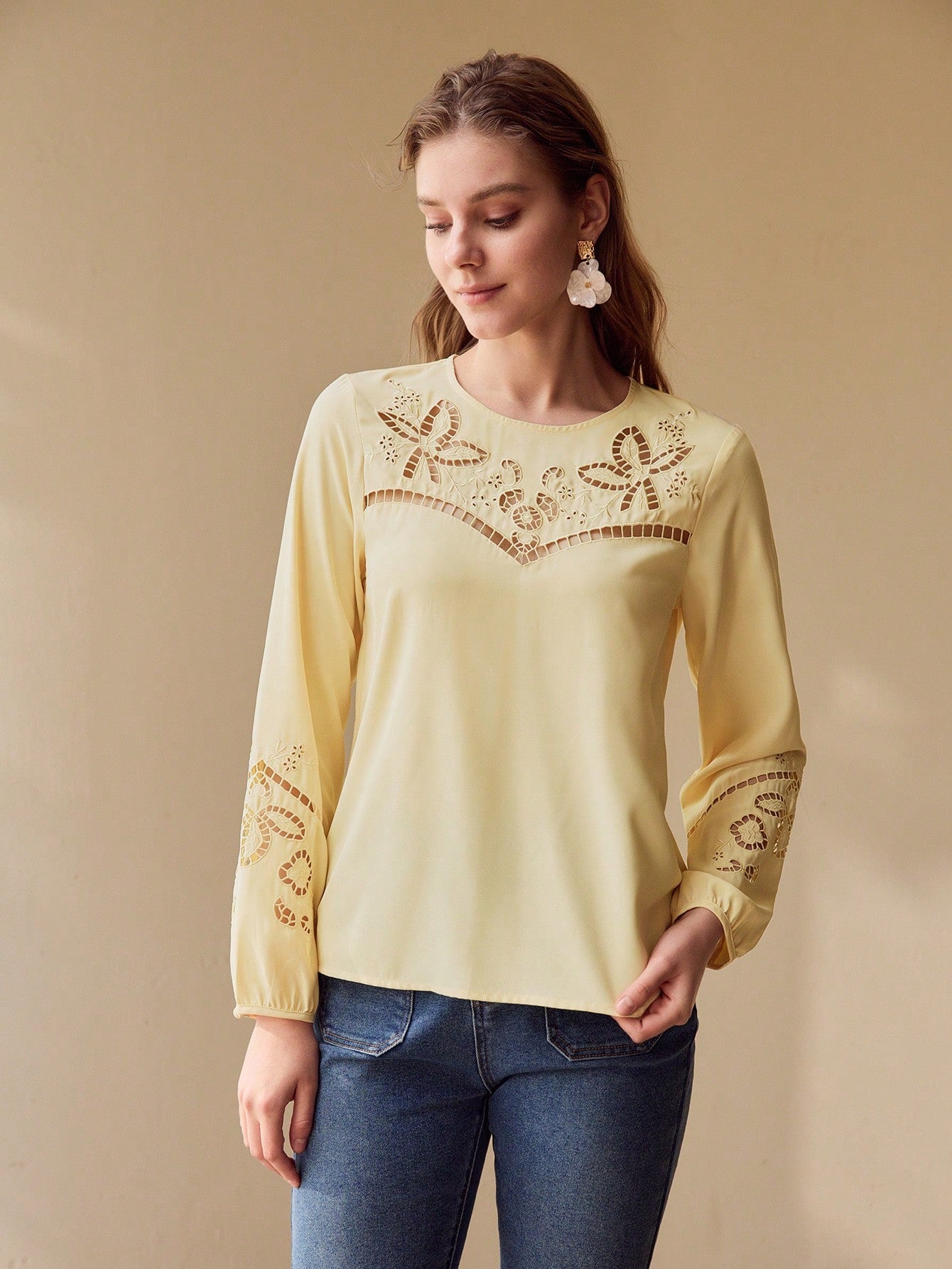 CM-TS495155 Women Elegant Seoul Style Embroidery Detail Scoop Neck Lantern Sleeve Blouse - Yellow