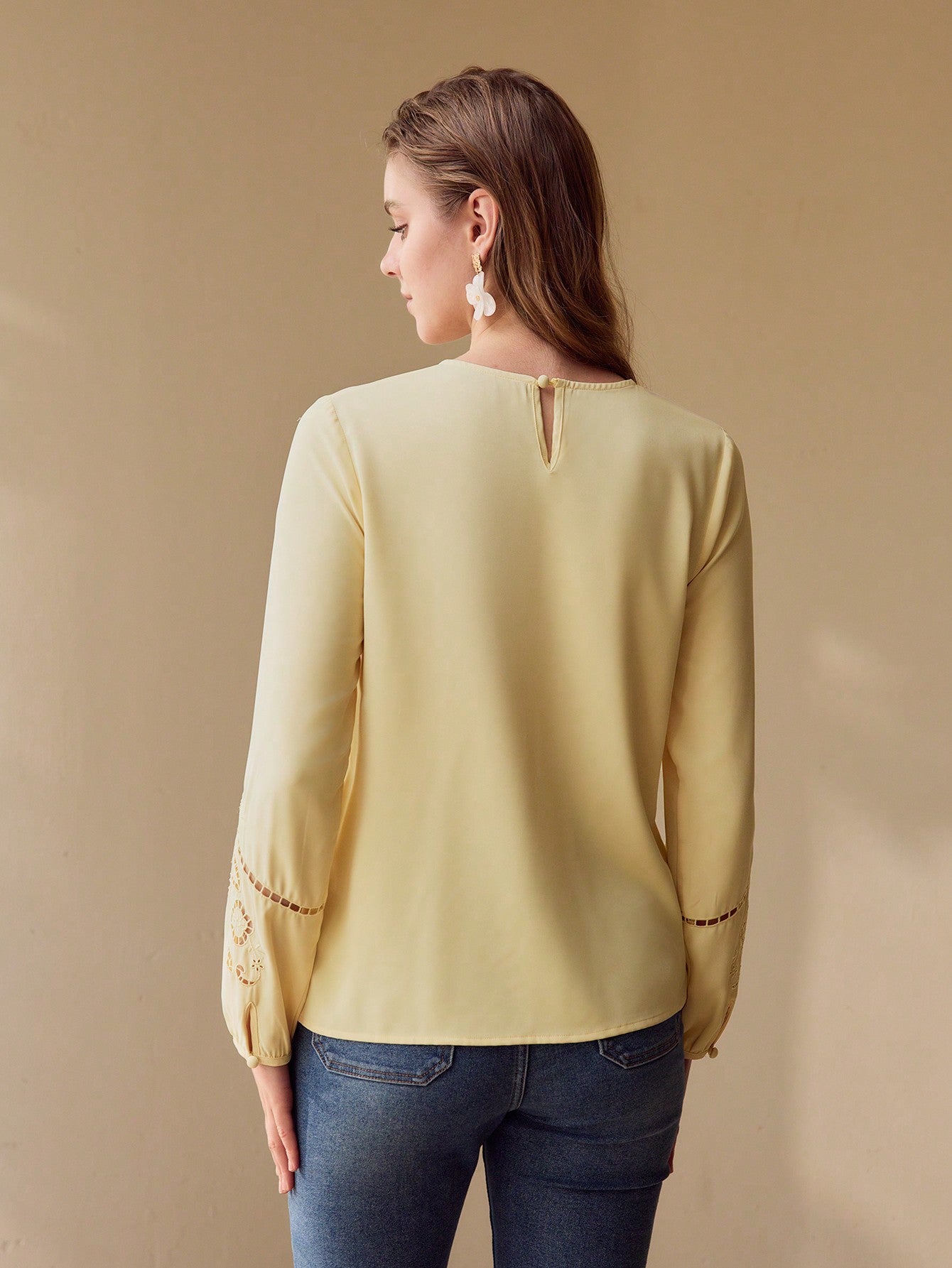 CM-TS495155 Women Elegant Seoul Style Embroidery Detail Scoop Neck Lantern Sleeve Blouse - Yellow