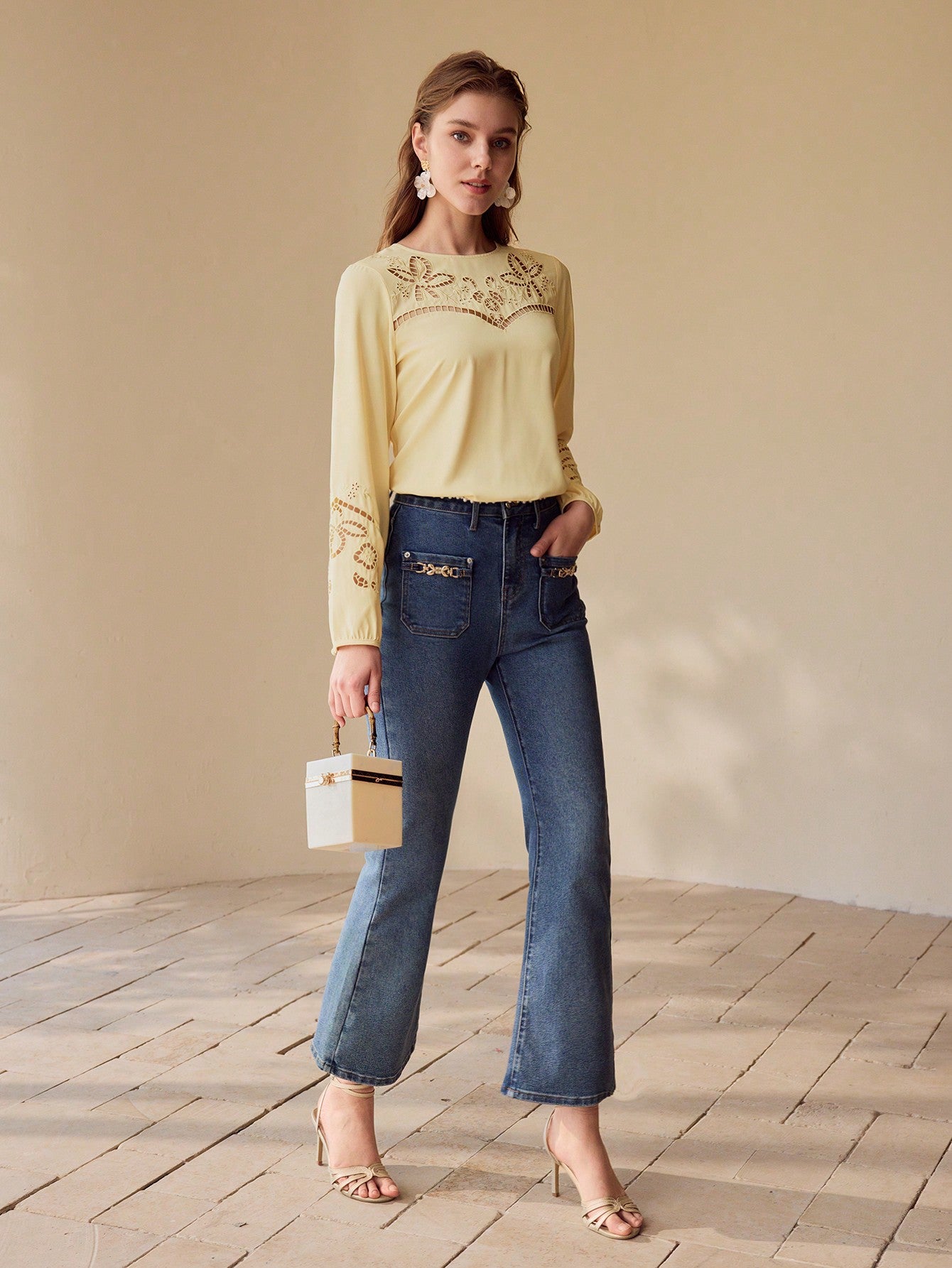 CM-TS495155 Women Elegant Seoul Style Embroidery Detail Scoop Neck Lantern Sleeve Blouse - Yellow