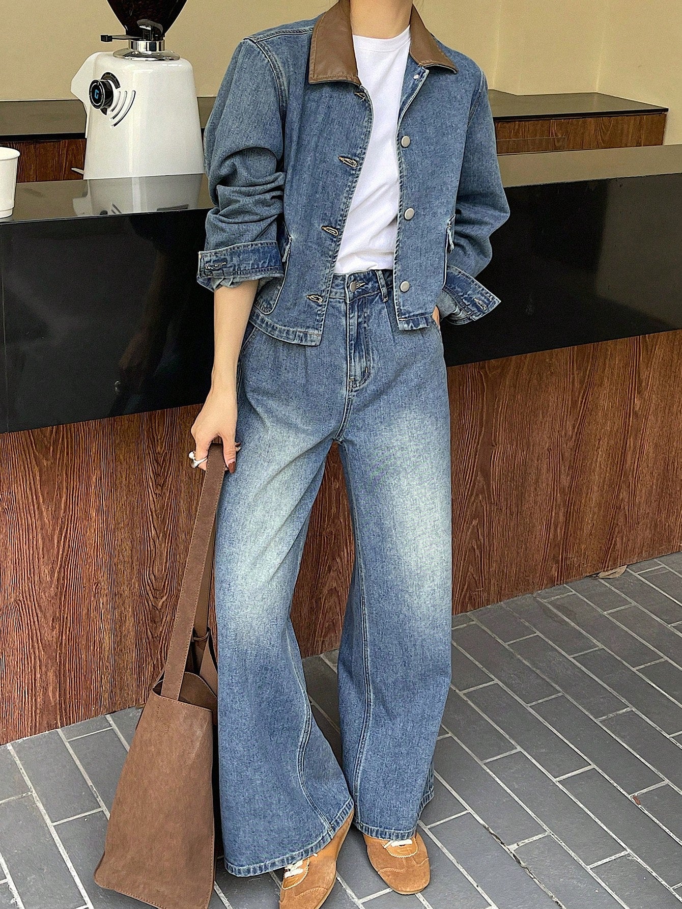 CM-SS451242 Women Casual Seoul Style Distressed Long Sleeve Jacket With Wide Leg Denim Pants - Set