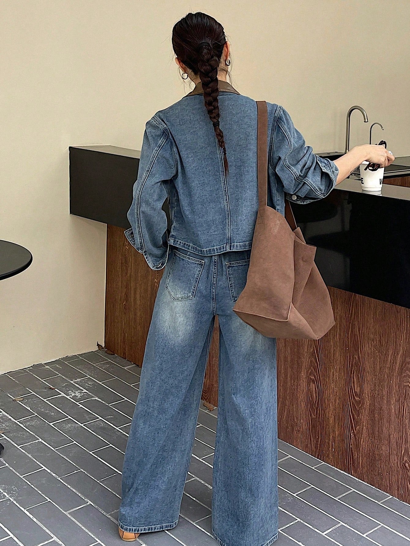 CM-SS451242 Women Casual Seoul Style Distressed Long Sleeve Jacket With Wide Leg Denim Pants - Set