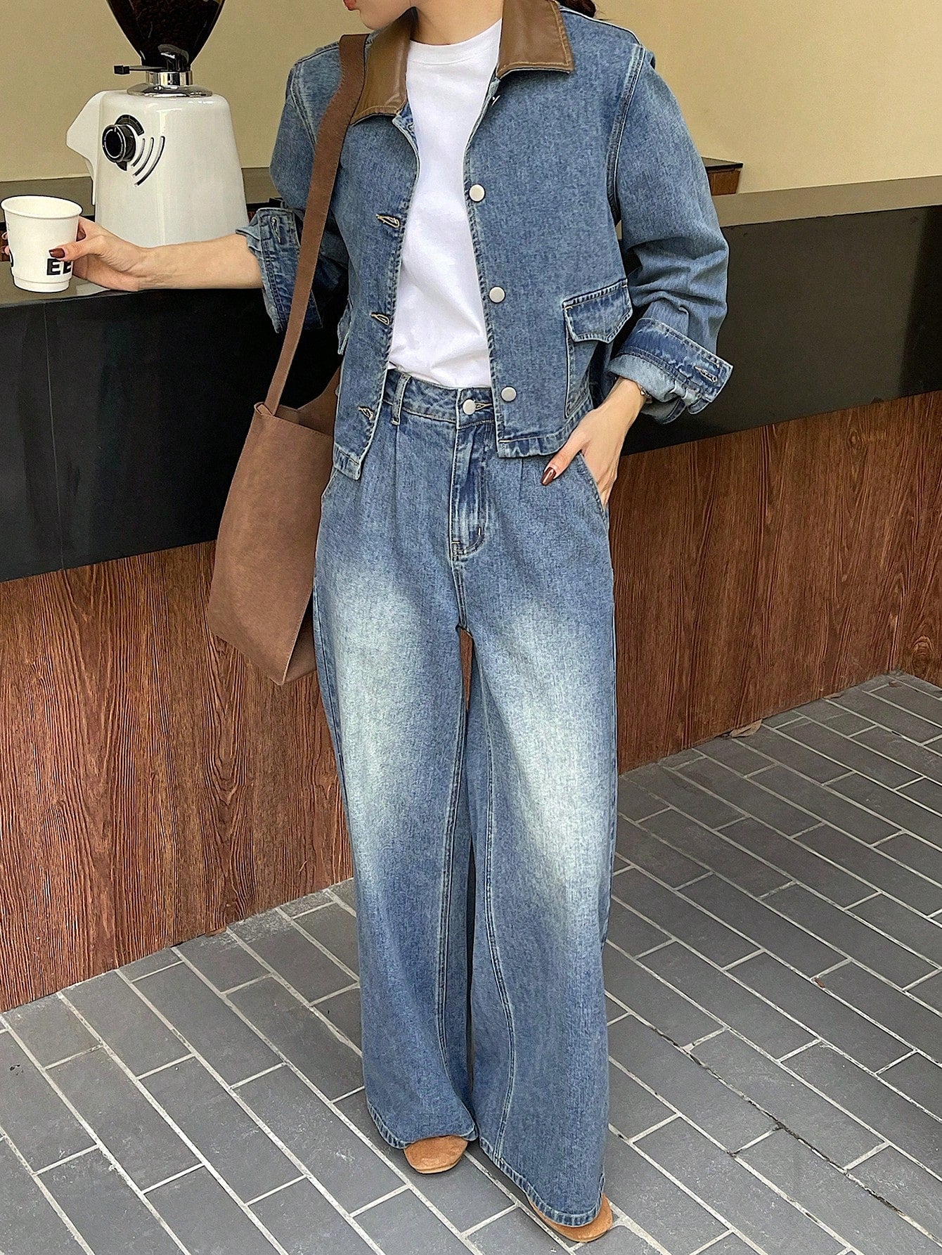 CM-SS451242 Women Casual Seoul Style Distressed Long Sleeve Jacket With Wide Leg Denim Pants - Set