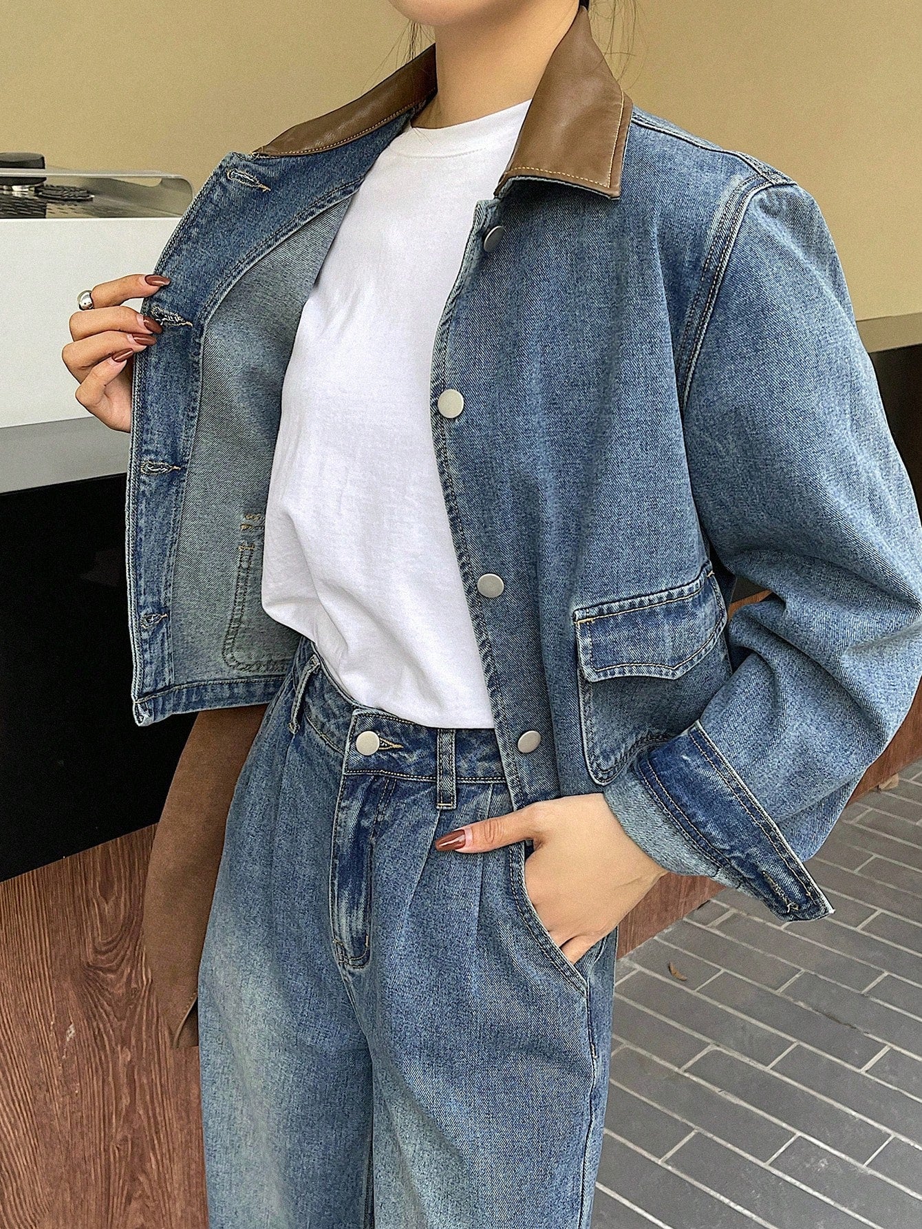 CM-SS451242 Women Casual Seoul Style Distressed Long Sleeve Jacket With Wide Leg Denim Pants - Set