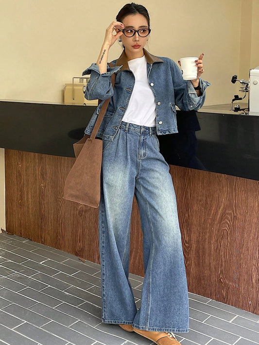 CM-SS451242 Women Casual Seoul Style Distressed Long Sleeve Jacket With Wide Leg Denim Pants - Set